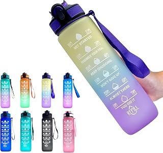 Water Bottle with Straw - Leak Proof and BPA Free | Time Marker for Daily Motivation | Ideal for Gym, Office, Cycling, School, Outdoor Fitness 1 Litre (32 oz) (Yellow-Purple)