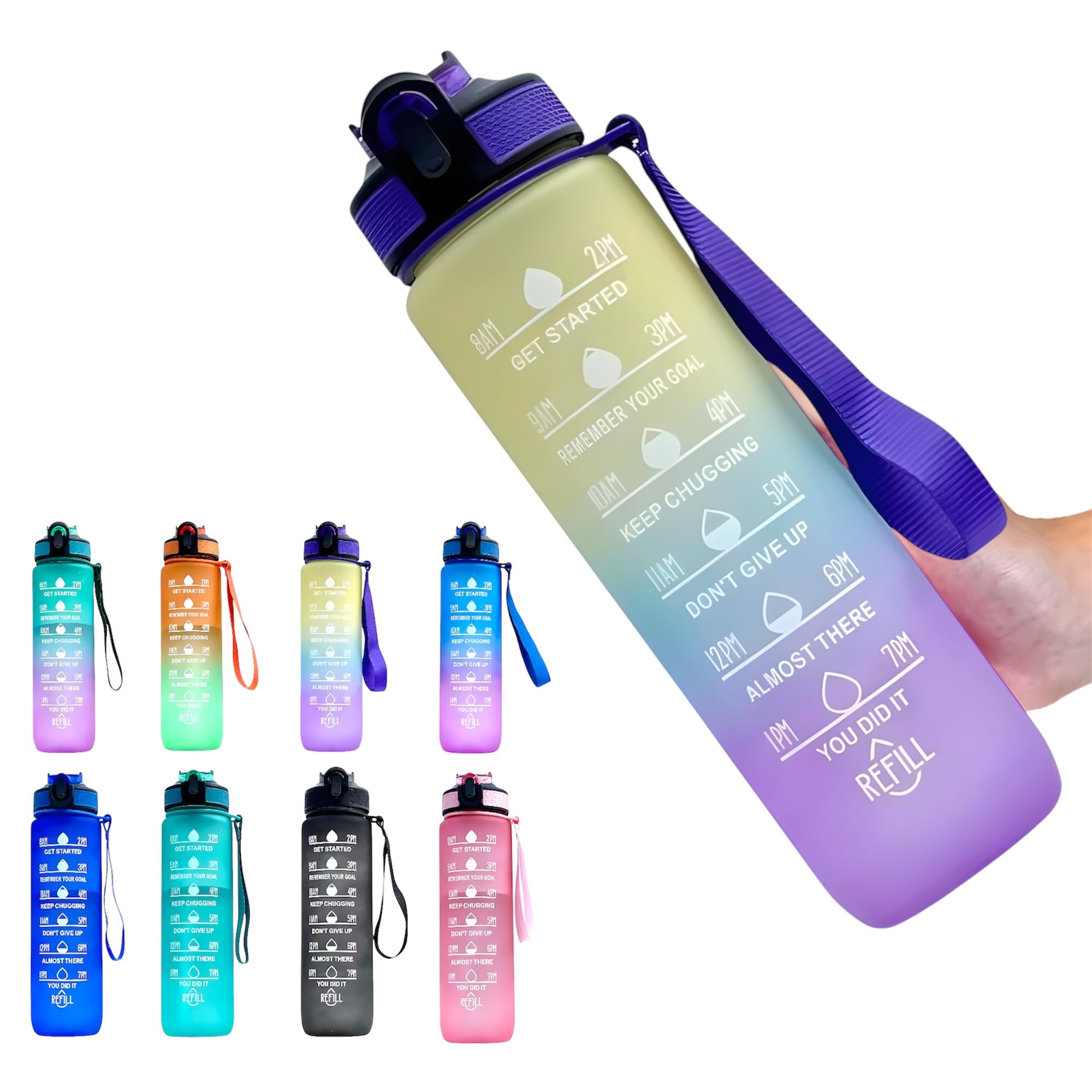 Water Bottle with Straw – Leakproof & BPA-Free | Time Marker for Daily Motivation | Ideal for Gym, Office, Cycling, School, Outdoor Fitness 1Liter (32oz) (Yellow-Purple)