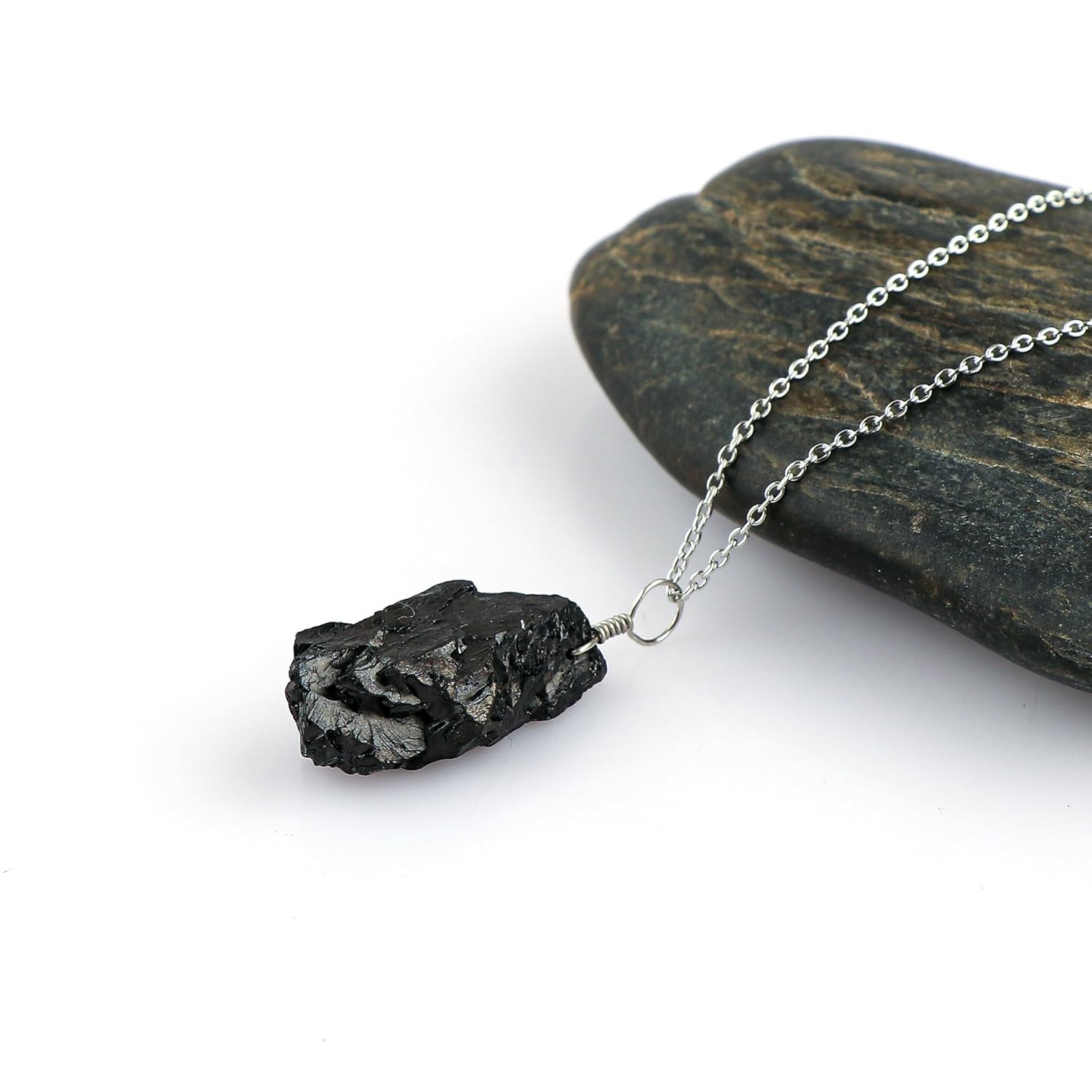 CRYSTALIS Natural Shungite Raw Crystal Pendant Necklace, Dainty Rough Crystal, Chakra Healing Stone, Gift Giving Women Jewelry, 925 Sterling Silver Chain 18 inch - Image 2
