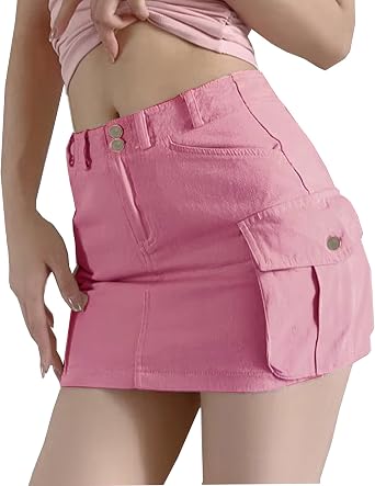 Womens Low Waist Button Bodycon Mini Cargo Skirt with Pocket