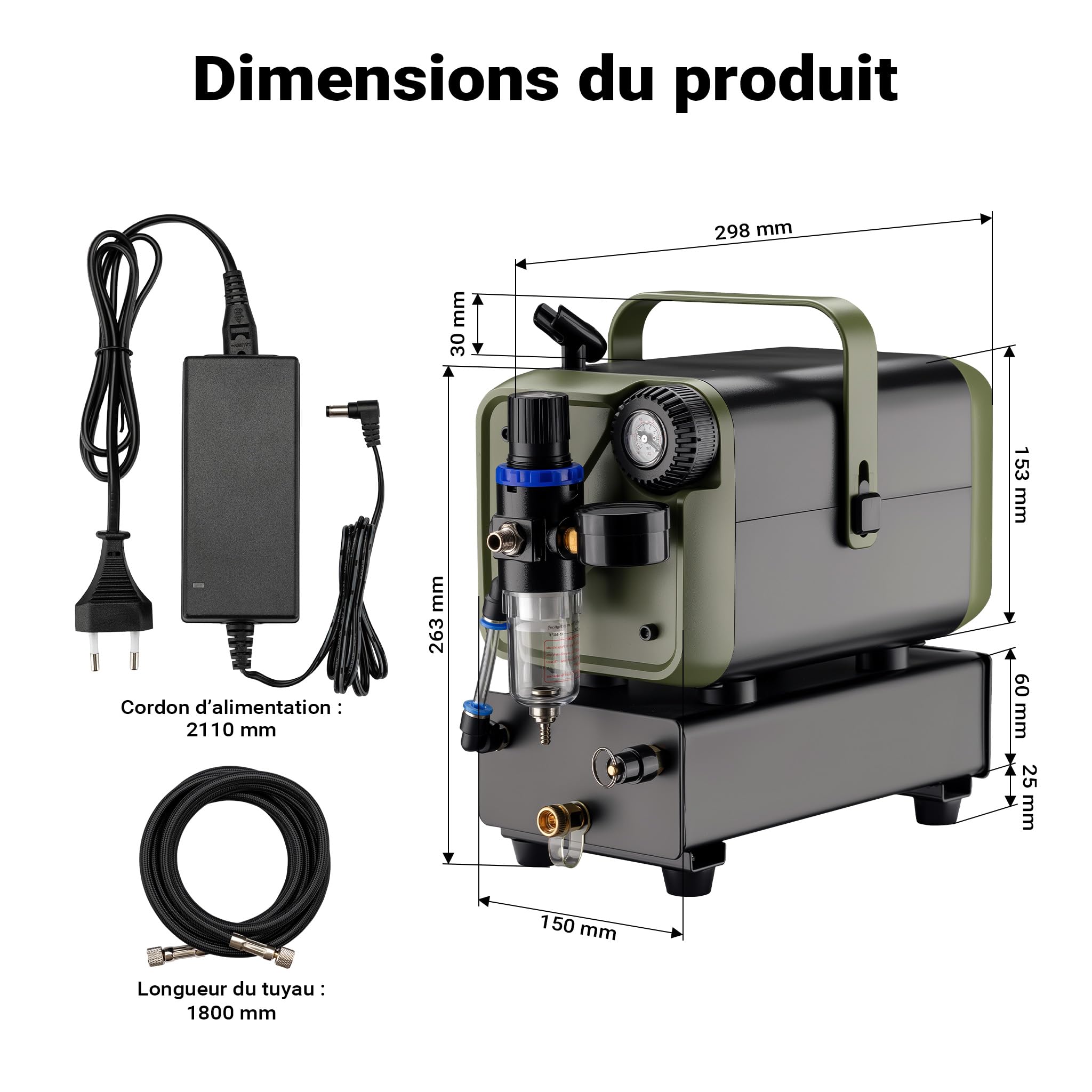 Wiltec Compresseur Airbrush HS-679F 1/6 CV, compresseur à air comprimé 28 l/min d'alimentation, compresseur pour pistolet aérographe avec support, compresseur d'air avec manomètre pour aérographie