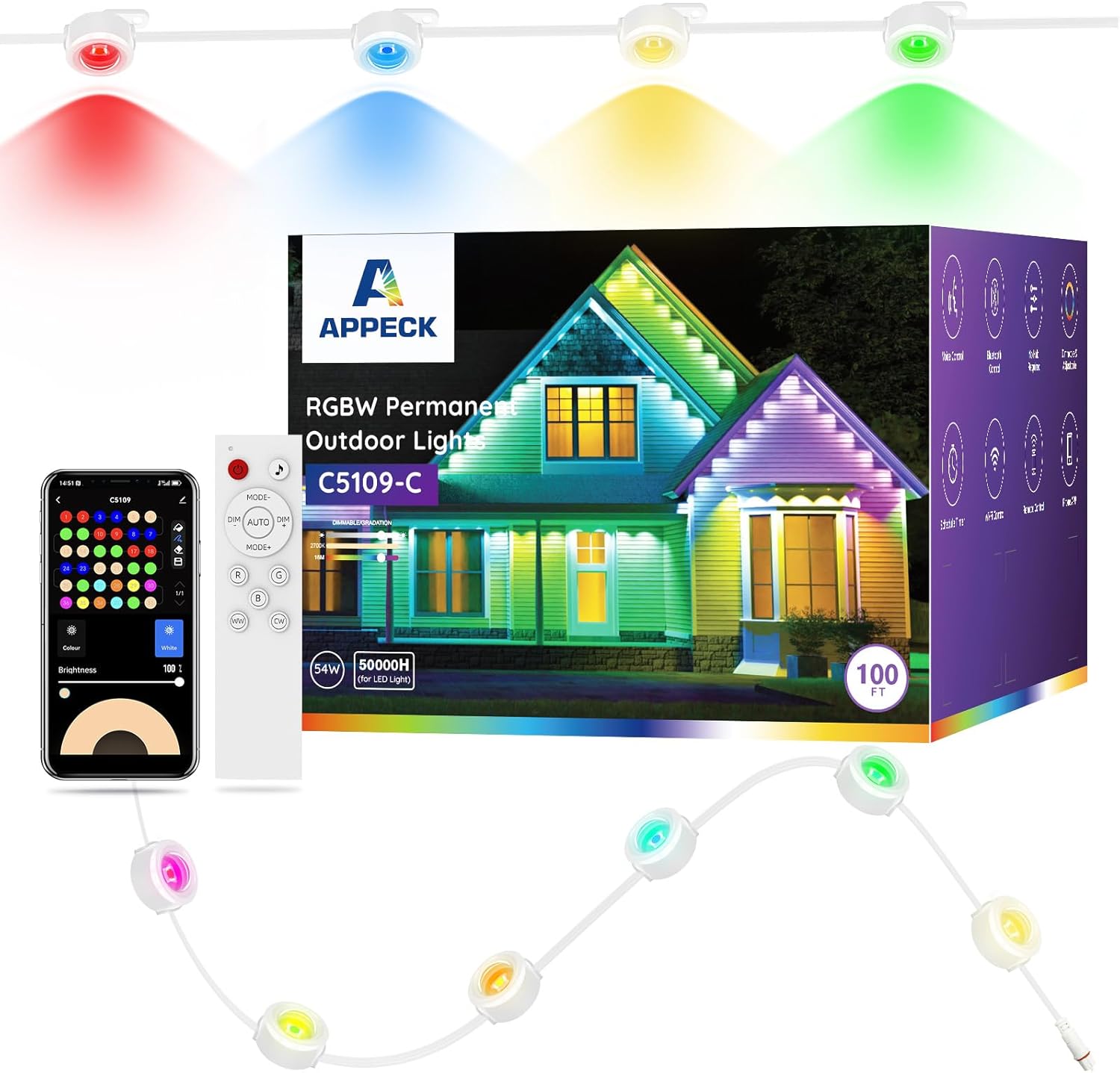 Permanent Outdoor Lights 100ft with 72 LEDs, 111 Scene Modes, Smart RGBW Lights with 40lm Warm White, App & Remote Control for Christmas, Holidays, Works with Alexa, Google Assistant, White