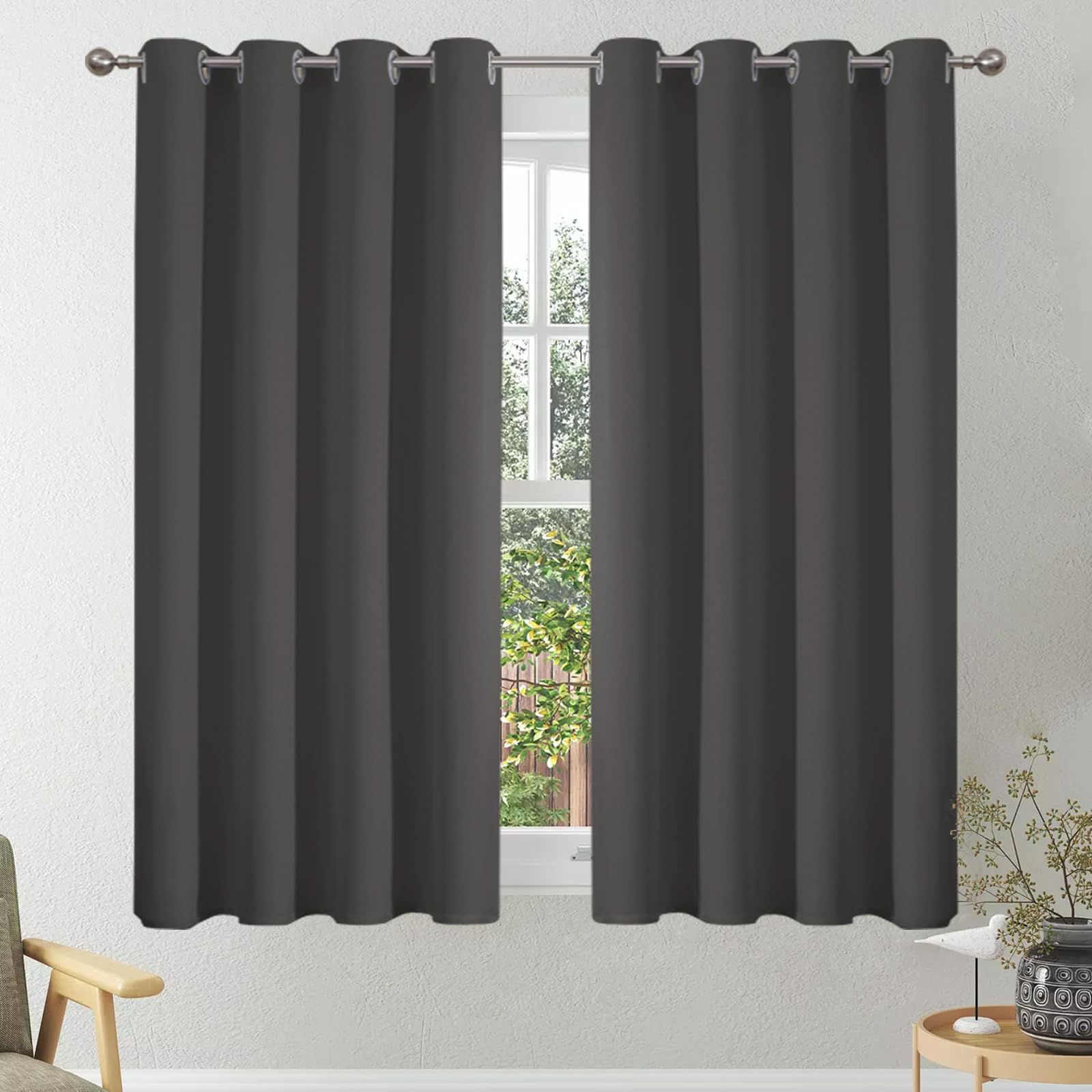 VEHEDE Gardinen Wohnzimmer Thermovorhang gegen Kälte Übergardinen 2er Set Vorhänge Schlafzimmer mit Ösen Vorhang Verdunkelung Blickdicht Gardinen Kurz Fenster Küche, H 137 x B 117 cm, Dunkelgrau