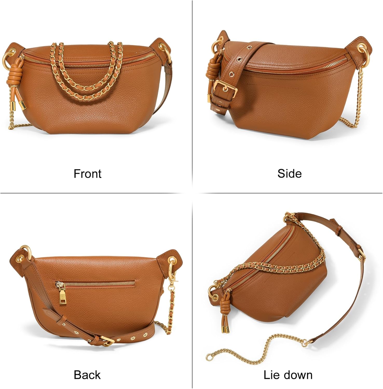 Genuine Leather Waist Packs for Women, Fashion Fanny Pack Belt Bag, Luxury Designer Trendy Crossbody Bag, Festival Bum Bags for Sports Traveling Running With Chain Straps (Brown) - Image 6
