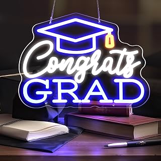 Rossesay 2026 Congrats Grad Neon Sign with Hat 15.7 x 11.4 in Blue LED Light Stylish Congratulations Sign Graduation Decoration USB Powered Photo Backdrop for Room Celebration Wall Decor