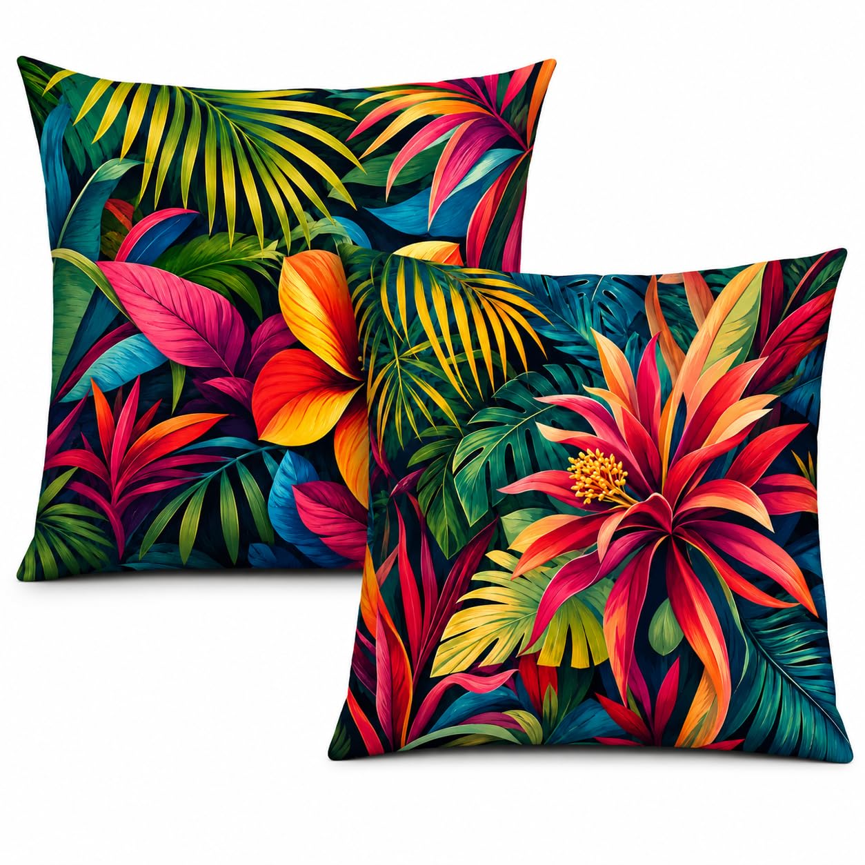 Tropical Floral Cushion Covers 45x45cm Pack of 2, Colourful Jungle Leaf Decorative Throw Pillow Covers with Hidden Zipper, Square Sofa Cushion Covers for Living Room Bedroom Home Decor, 18x18 Inch