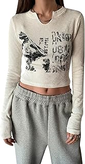 Womens Face Potrait Print Long Sleeves Crop Top Y2k Graphic Crew Neck T-Shirt 90s Vintage Slim Fit Blouse Tops Streetwear