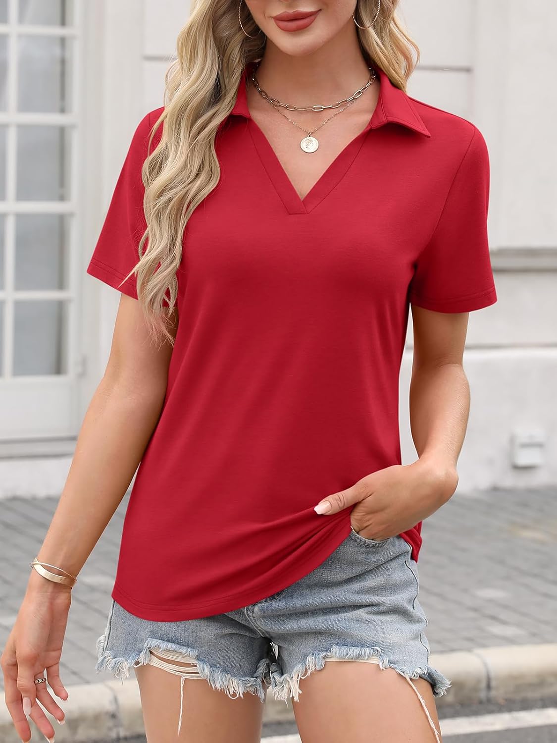 Women's Polo Shirts Short Sleeve V Neck Summer Tops Business Casual Collared Shirts Loose Tees - Image 5
