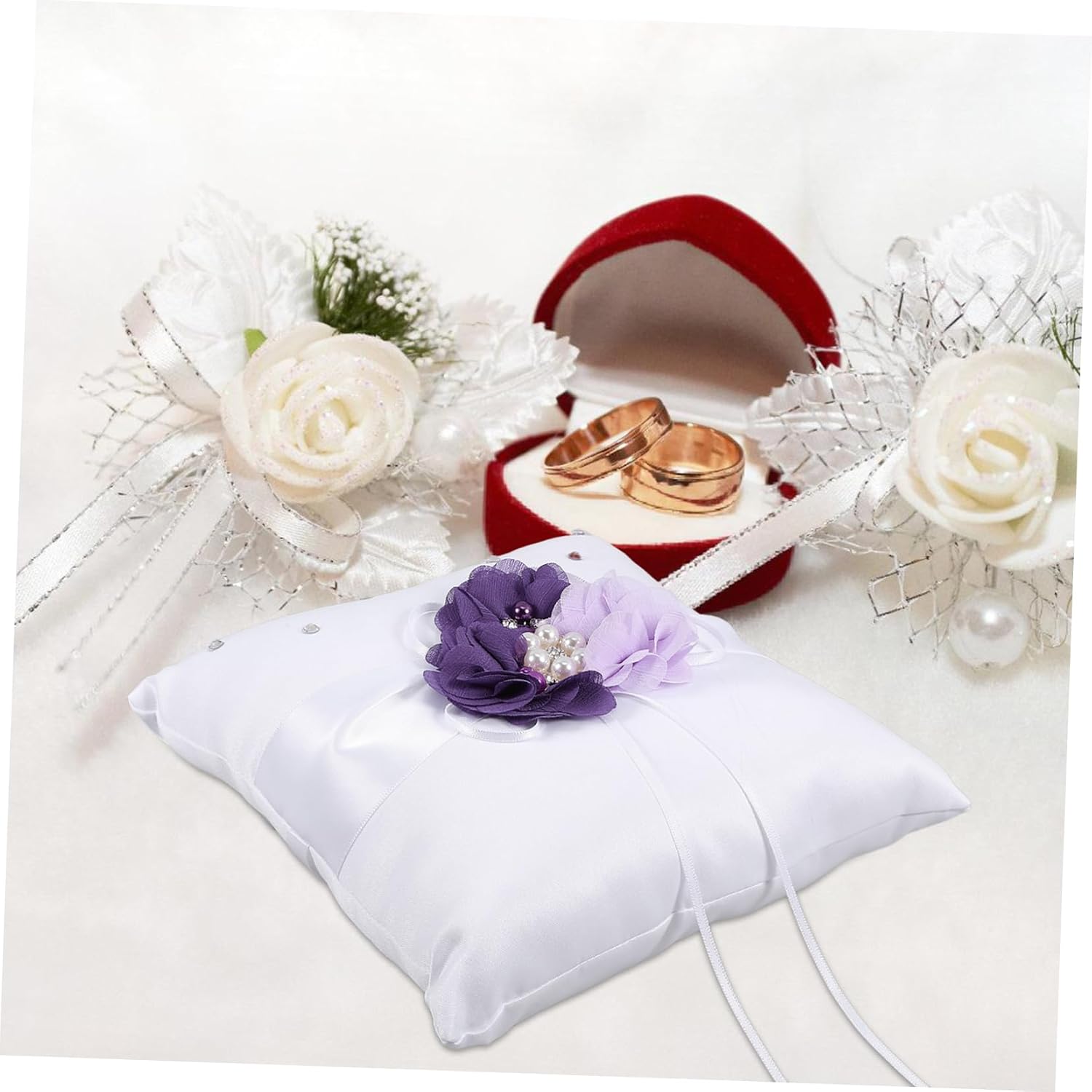 Cabilock Wedding Ring Pillow Ring Bearer Pillow 20x20cm Chic Flower and Pearl Detail for Ceremony