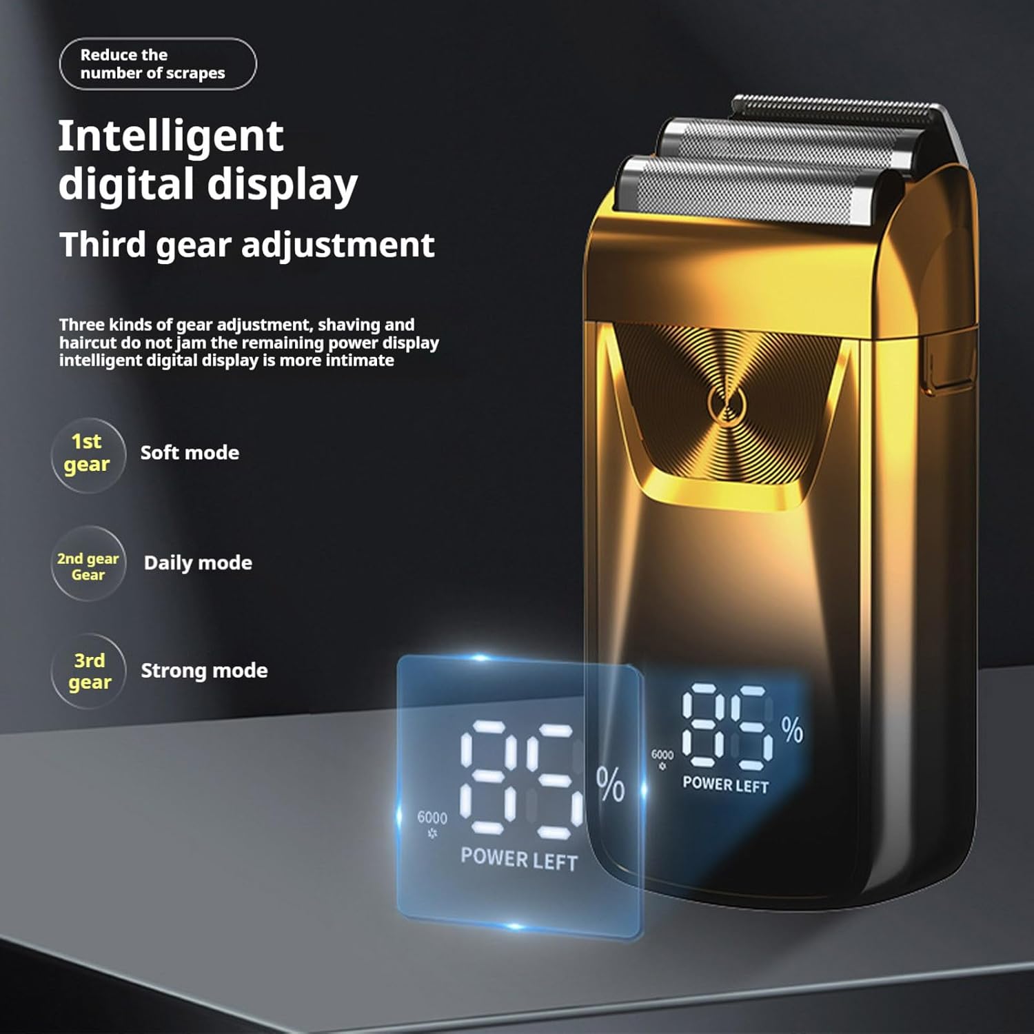 Electric shaver with LED display showing 85% power and three gear adjustments: 1st gear (Soft mode), 2nd gear (Daily mode), and 3rd gear (Strong mode).