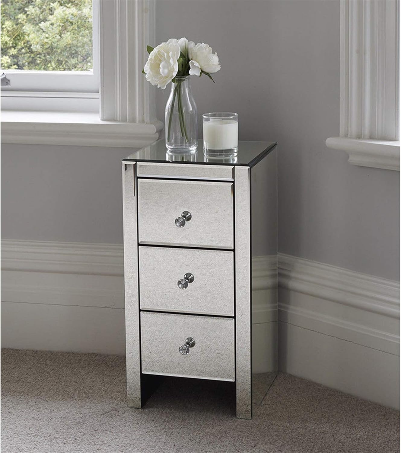 Mirrored Bedside Table, Glass Nightstand with 3 Drawers, Side Table for Bedroom