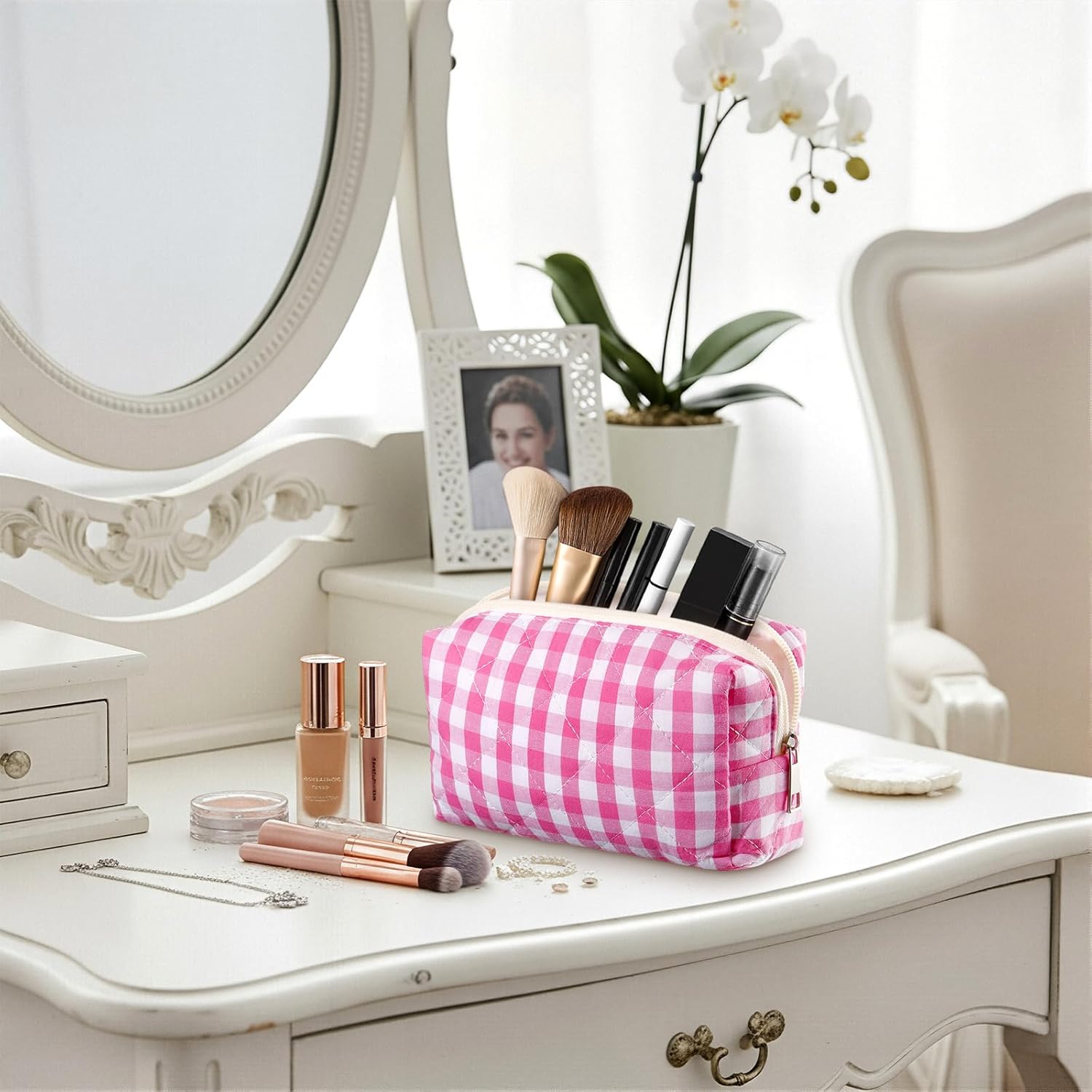 Paterr 6 Pcs Quilted Makeup Bag Bulk for Women Girls Birthday Valentine's Day Bridesmaid Gifts Cute Cotton Cosmetic Pouch Bow Floral Coquette Aesthetic Travel Toiletry Bag(Plaid,Pink)