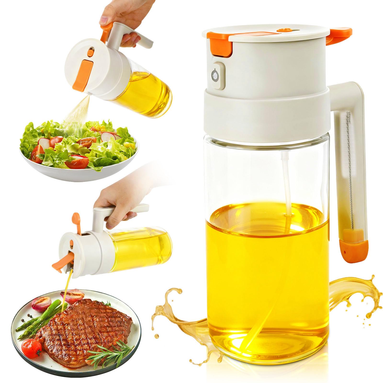Oil Spray Spray 650 ml – 2 in 1 Glass Spray Oil Spray, Non-Drip Spray Oil Kitchen with Brush, Oil Dispenser Spray for Kitchen, Air Fryer, Barbecue