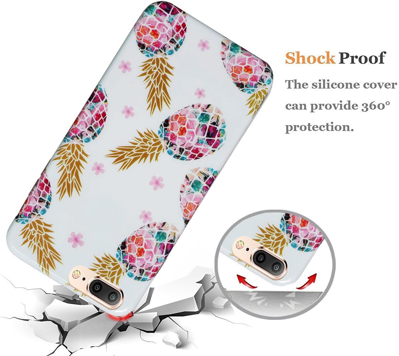 J.West iPhone 8 Plus Flower case iPhone 7 Plus case Flowers Floral Pattern Shock Absorption Technology Bumper Soft Flexible TPU Back Cover for Apple iPhone 7 Plus (White Pineapple Floral)