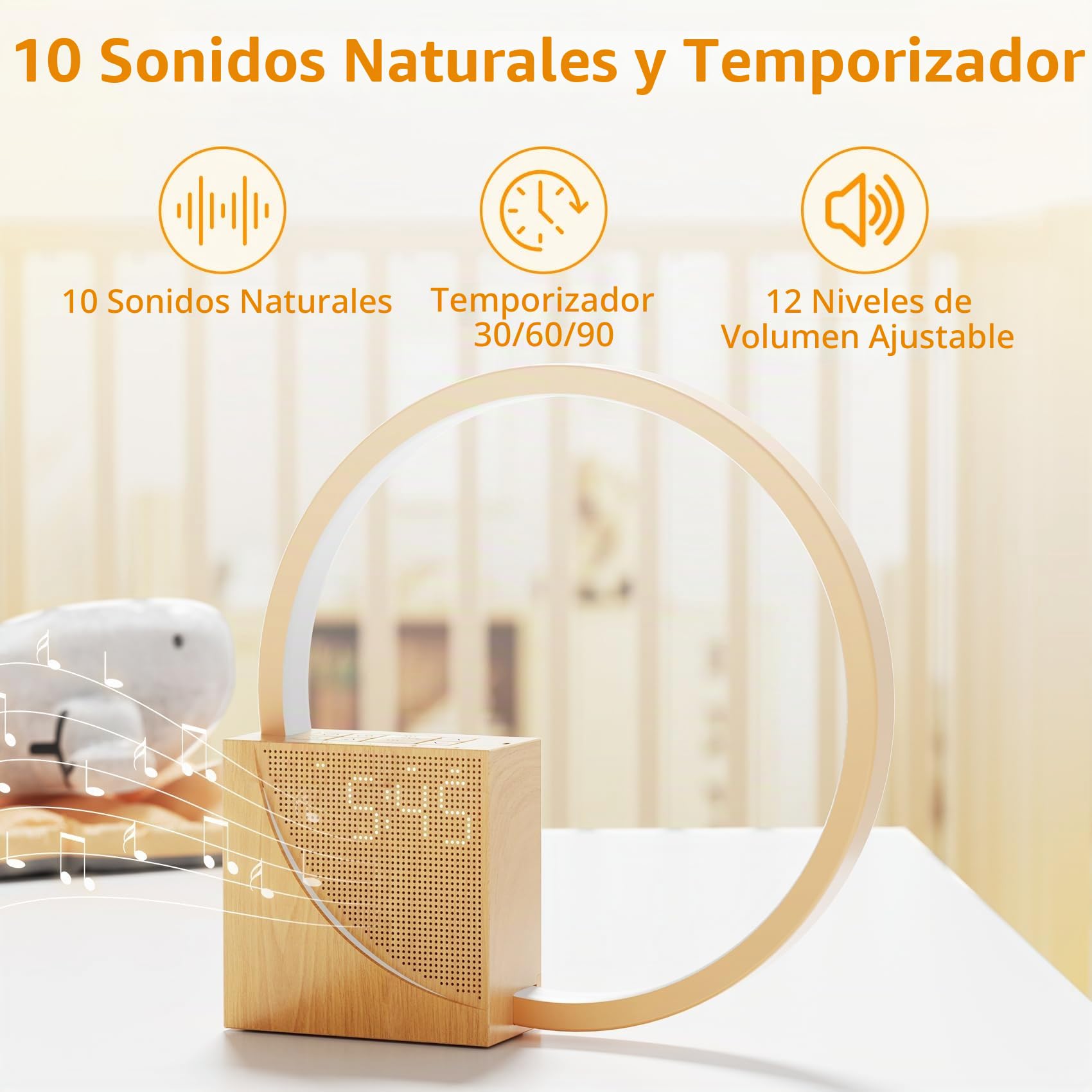 Lámpara De Noche LED con Despertador, Puertos de Carga USB, Táctil, Regulable, con Dos Alarmas, 10 Sonidos Naturales para Adultos y Niños, 3 Niveles de Brillo Para Dormitorio, Salón, Oficina
