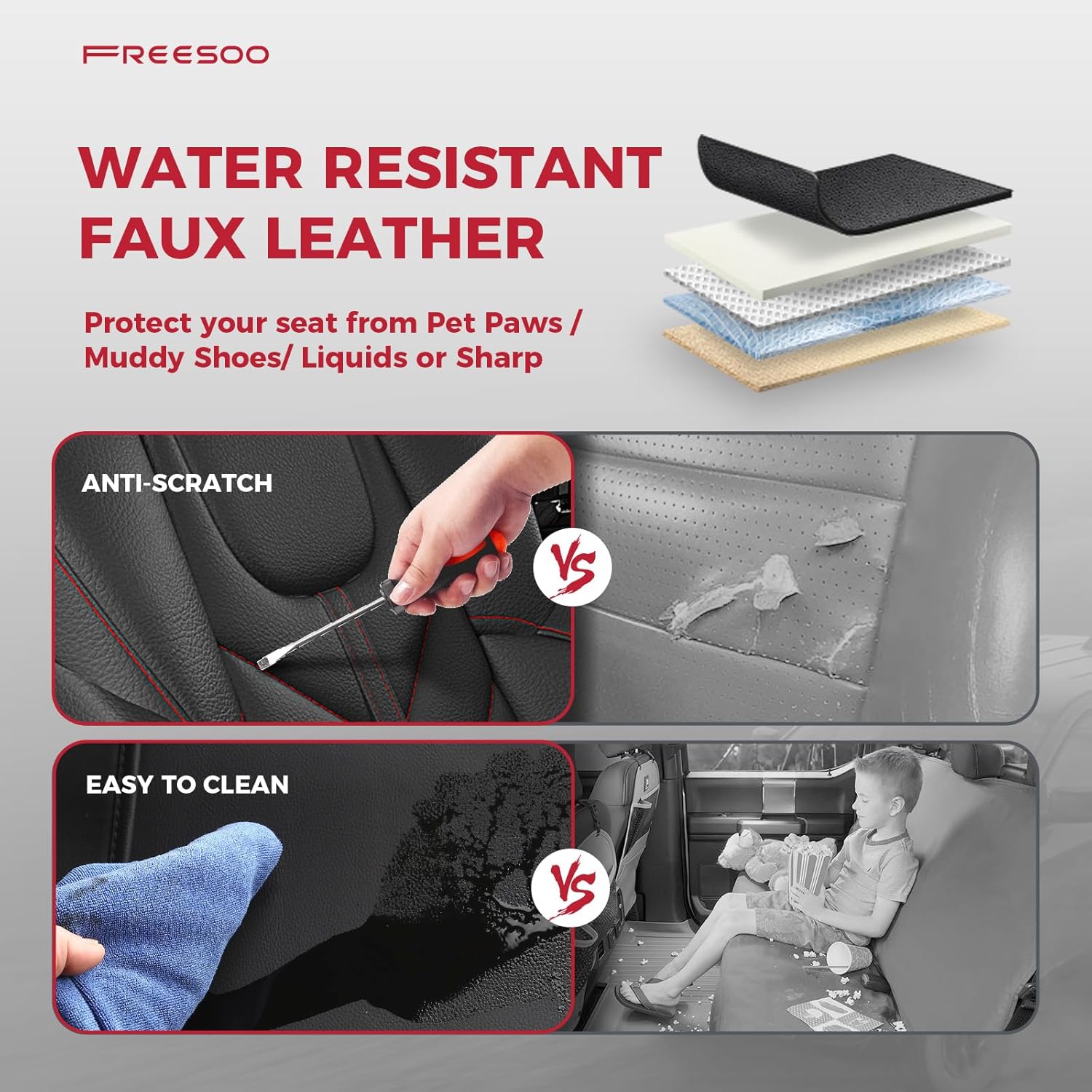 FREESOO for Tacoma 2024 2025 2026 Seat Covers Full Set - Custom Fit for Toyota Tacoma Double Crew Cab, SR, SR5, TRD Sport, TRD Off-Road, Pickup Truck Seat Covers with Faux Leather(BlackRed)