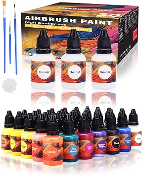 Gocheer Airbrush Paint - 30 Colors with 3 Thinner & 3 Metallic Colors, Ready to Spray Airbrush Paint Set, Water-Based Acrylic Air Brush Paints for Metal, Plastic Models, Canvas, Wood - 36 Bottles