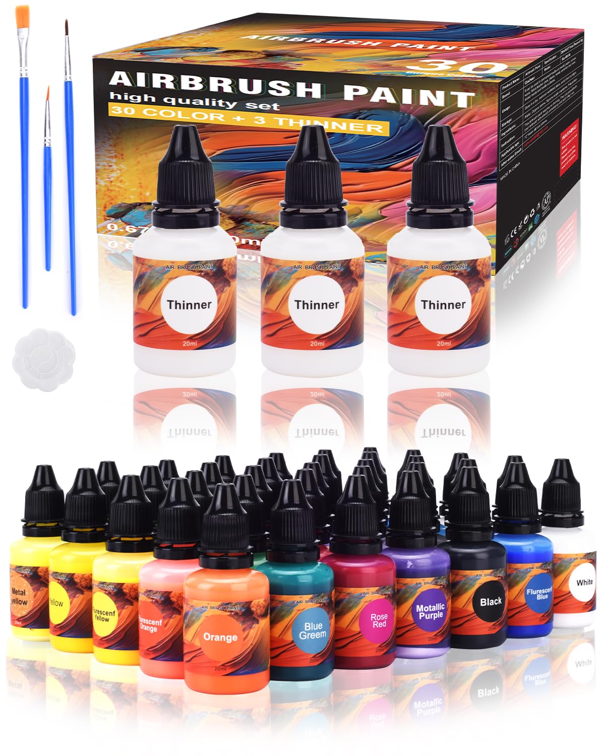 Gocheer Upgrade Airbrush Farben Set - 30 Farben und 3 Metallischen Farben mit 3 Verdünner, 20ml/Flasche, Airbrush Farbset, Acryl Luftpinselfarben auf Wasserbasis für Metall, Kunststoffmodelle