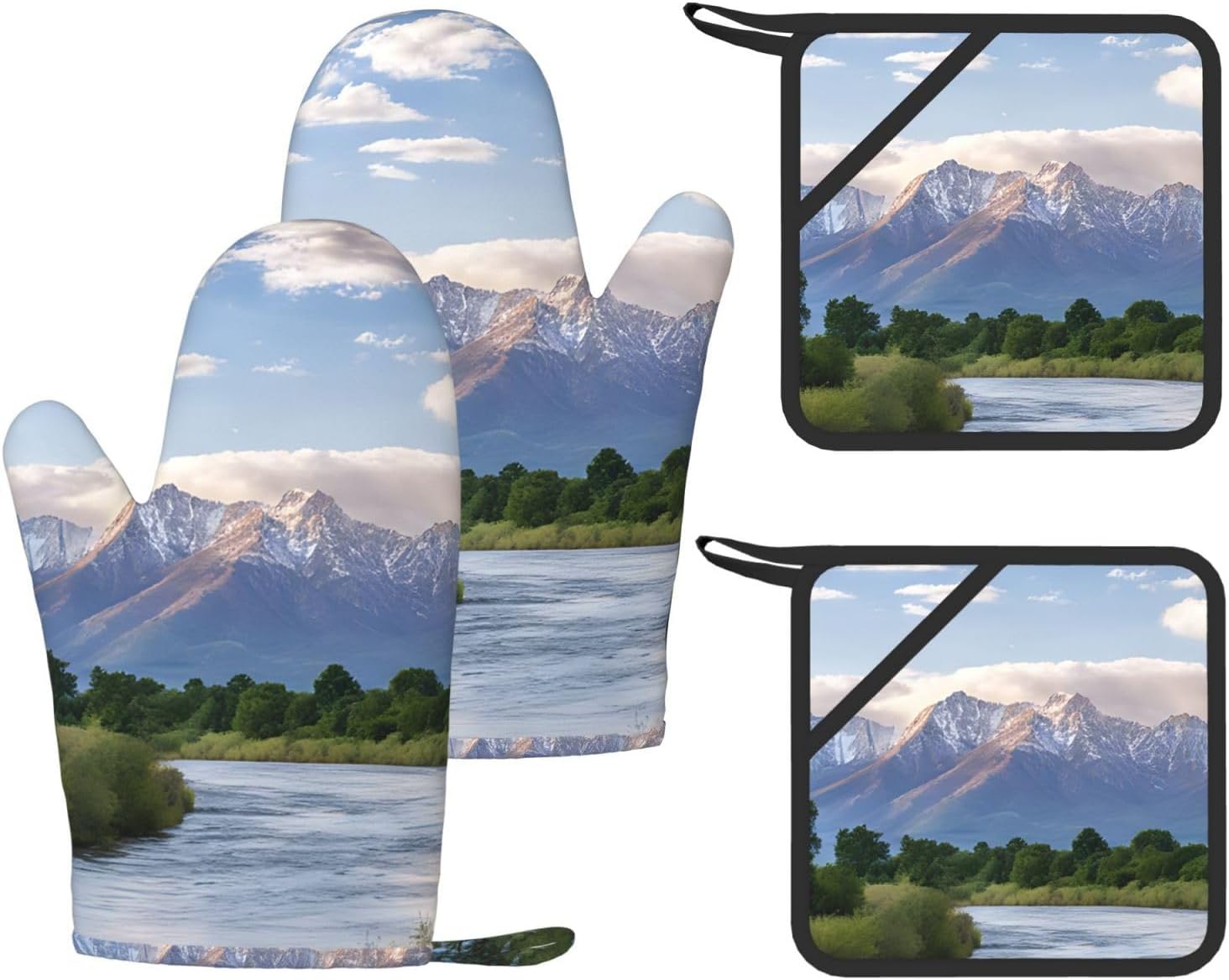 Grand Teton National Park 4pcs Oven Mitts and Pot Holders Sets for Kitchen, Silicone Oven Gloves Non-Slip Potholders Hot Pads for Baking Cooking