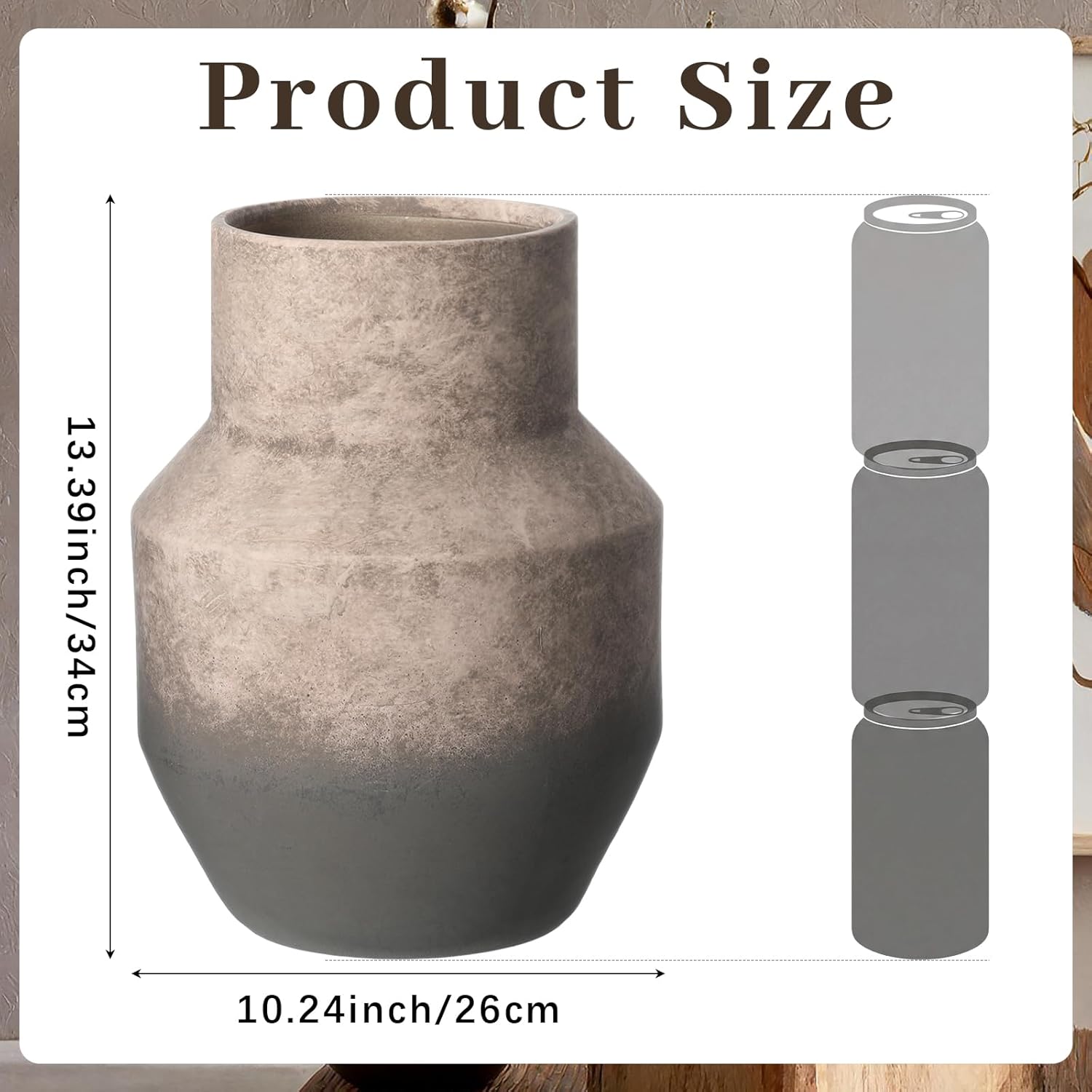 Large Ceramic Round Vase 13 Inch Rustic Ceramic Flower Vase Brown Large Terracotta for Living Room Decor Floor Home Decor Accents, Vintage Pottery