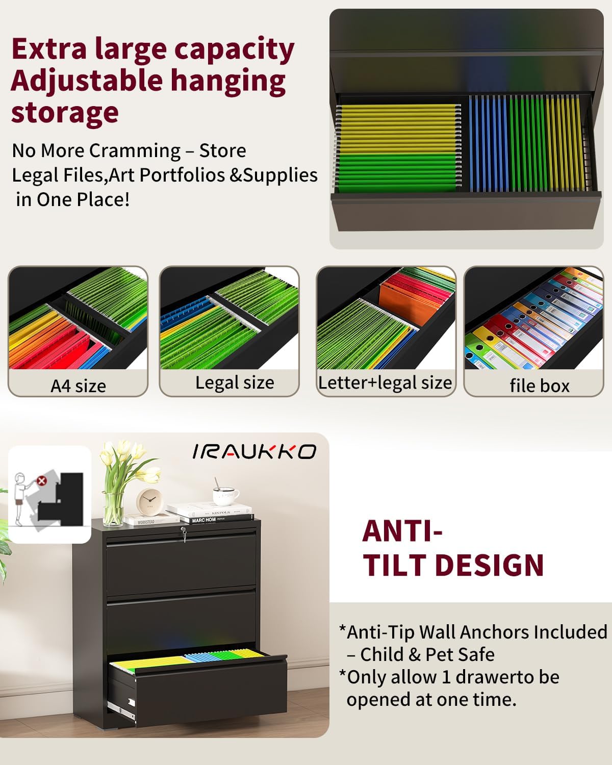 Lateral File Cabinet with Lock, 3 Drawer Metal File Cabinets for Home Office, Large Filing Storage Cabinet Printer Stand, Steel Wide File Cabinet for Legal/A4/F4/Letter Size Files-Black