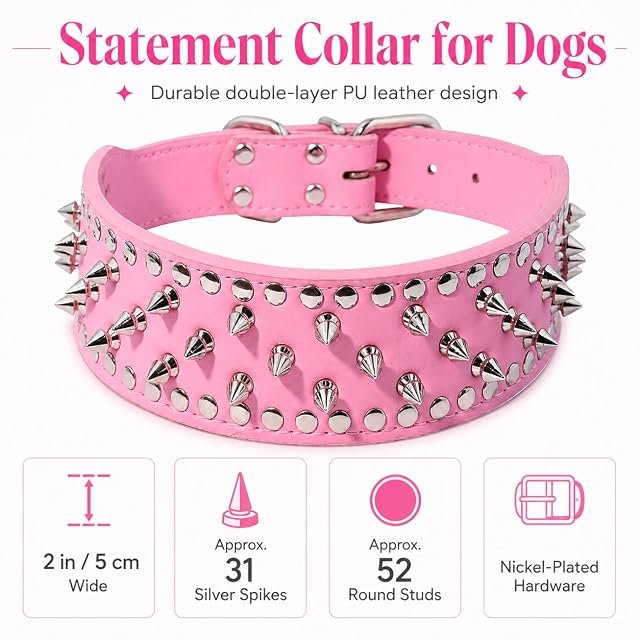 Foto 6 de 6 de Uteruik Collar para Perro con Pinchos, 5 cm, PU, Ajustable, XL, Rosa