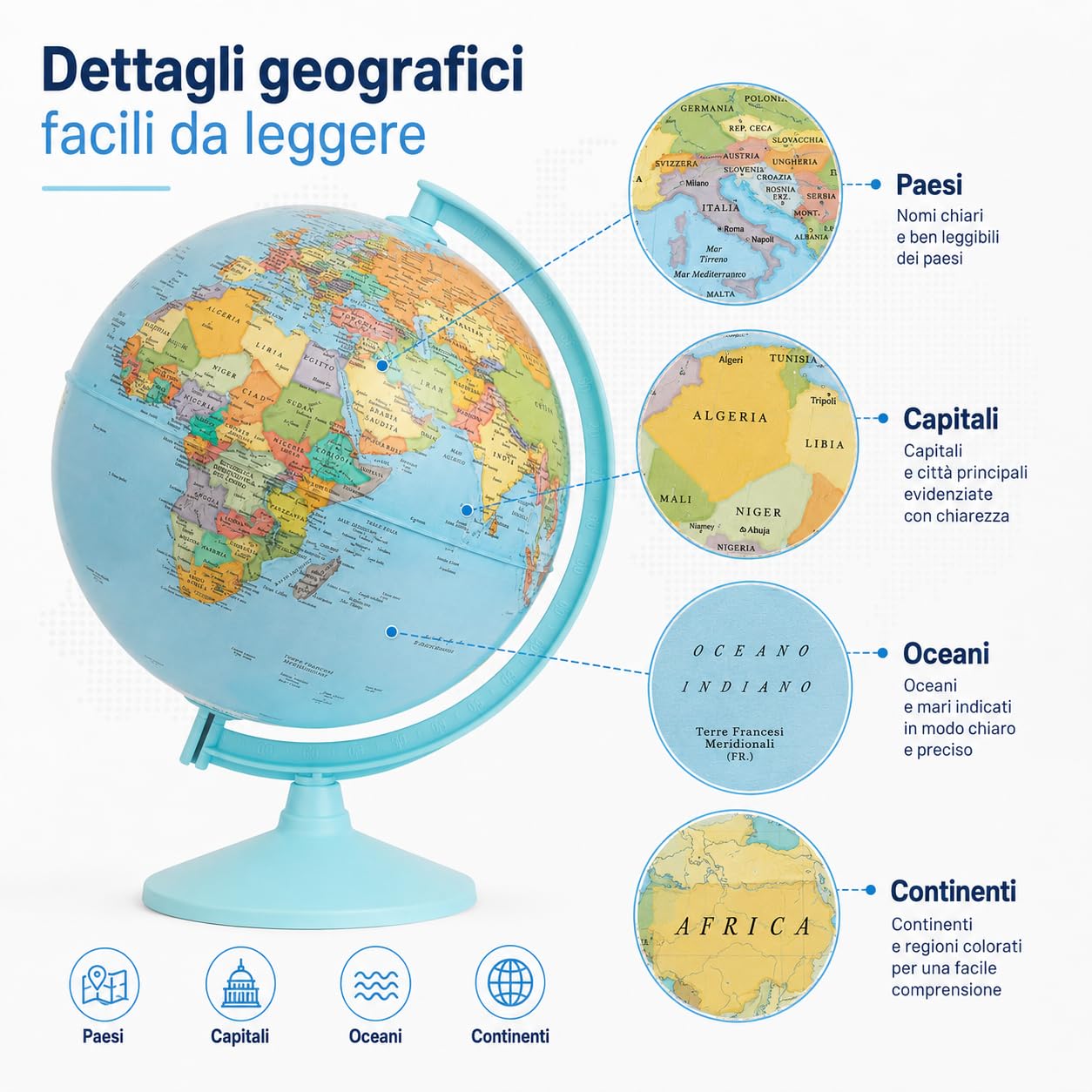 Mappamondo 30 cm con Mappa Italiana e Base Azzurra Girevole | Globo da scrivania con arco coordinato lettura chiara per scuola casa studio bambini studenti e appassionati