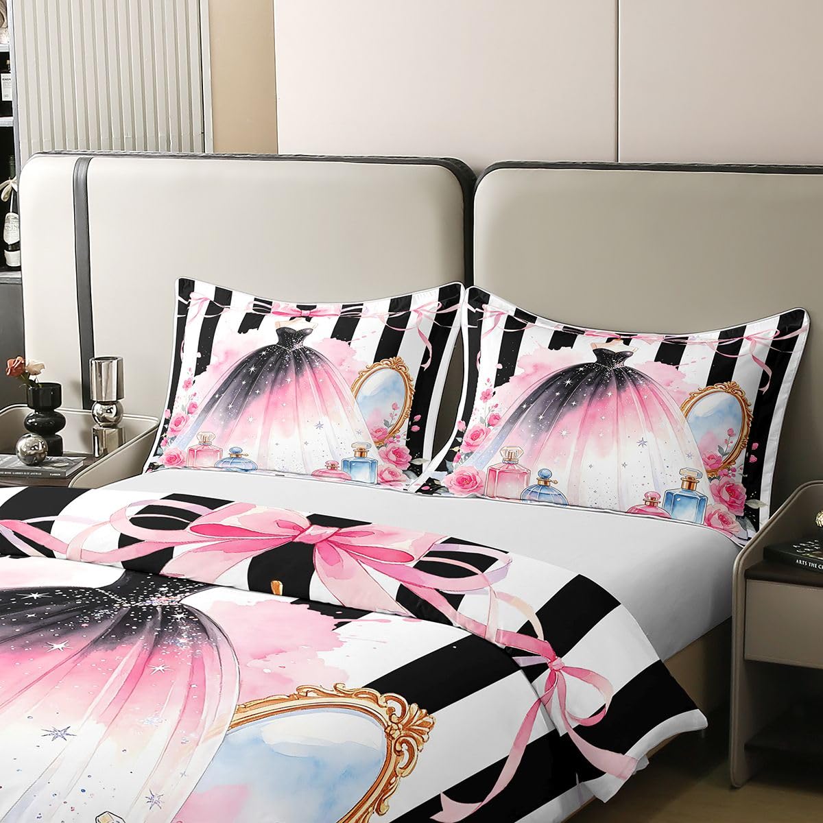 Loussiesd Sukienka poszewka na kołdrę 100% bawełna super king size czarny różowy biały poszewka na kołdrę dla chłopców dziewcząt perfumy zestaw pościeli 3 szt. buty na wysokim obcasie dekoracja pokoju