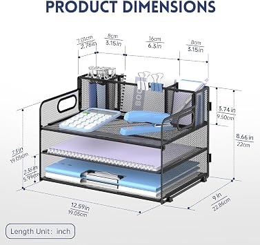 3 Tier Desk Organizer with Handle & 3 Pen Holders, Mesh Paper/File Organizer for Desk, Paper Letter Tray Organizer for Office Supplies (Black)