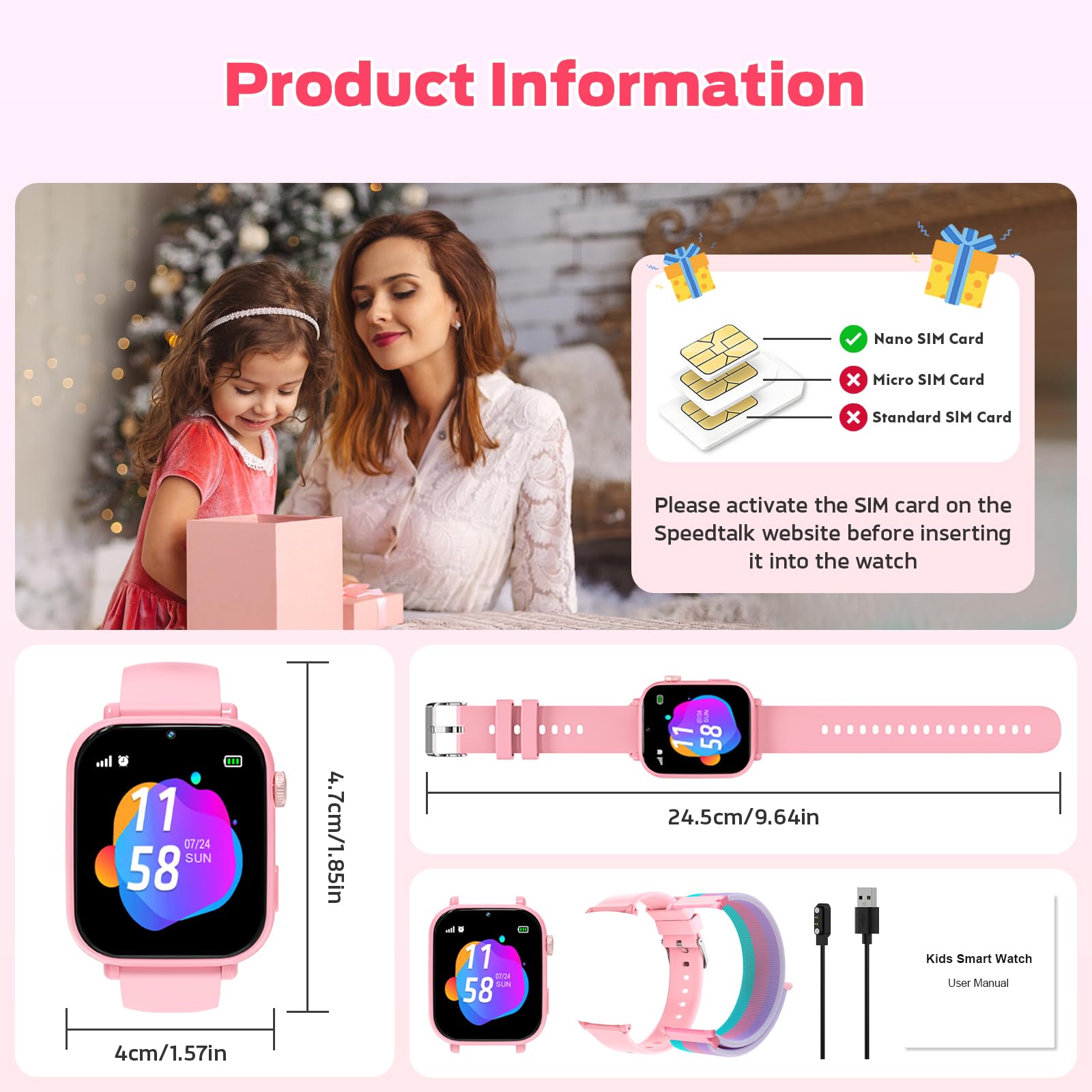 4G Smartwatch Kinder, Kinder Telefonuhr mit Videoanruf, Voice Chat, GPS, SOS, Schulmodus, Wecker, Schrittzähler, Spiele, Smart Watch für Jungen Mädchen Kinderuhr Geschenke 4-12 Jahren (Orangerosa)