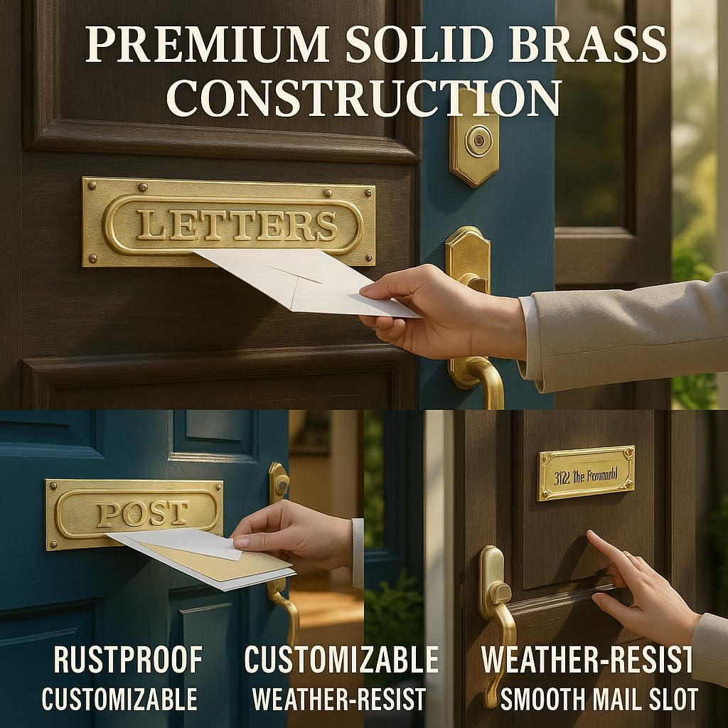 Personalized Solid Brass Mail Slot for Front Door, Custom Engraved Letter Plate, Heavy Duty Weatherproof Mail Slot Cover, Vintage Mailbox Insert, Decorative Entryway Hardware – Classic Gold Finish (20x6cm)