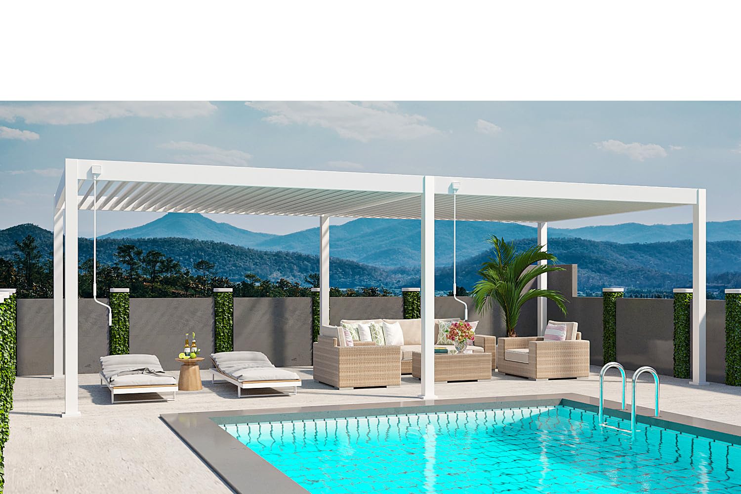 Weide Deluxe Plus Pergola in alluminio autoportante con tetto a doghe regolabile, resistente alle intemperie, per terrazza e giardino, con manovella e scarico dell'acqua integrato (bianco, 4 x 8)