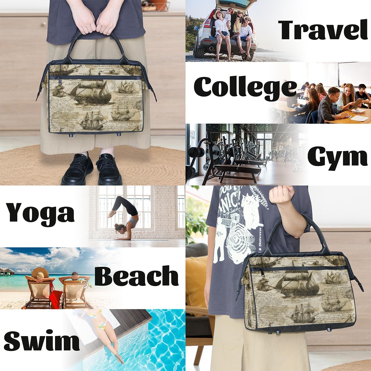 Sailing Newspaper Retro Small Overnight Weekender Tote Bag for Women Men Foldable Travel Duffel Bags Lightweight Sports Gym Bag Waterproof Carry On Luggage Weekender Bag for Traveling Gifts