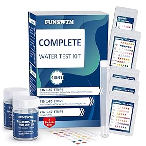 Home Water Testing Kits for Drinking Water: 18 in 1 200 Strips + 5 Bacteria Tests Kit- Well Tap Home Water Test Strips for Lead Bacteria Fluoride Hardness Iron pH and More