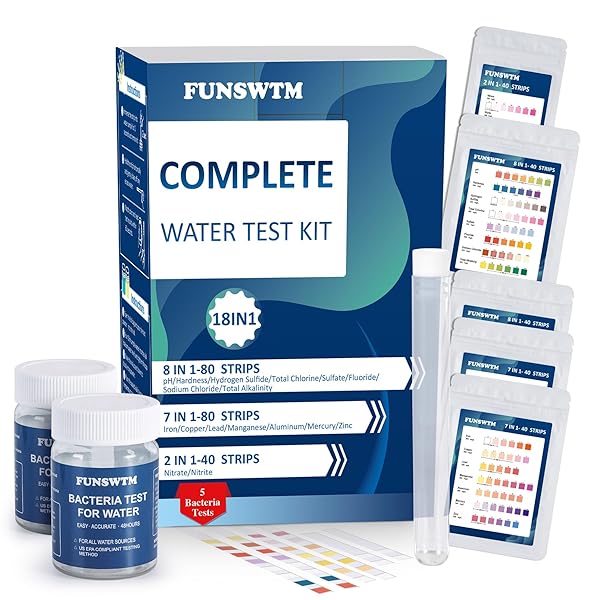 Home Water Testing Kits for Drinking Water: 18 in 1 200 Strips + 5 Bacteria Tests Kit- Well Tap Home Water Test Strips for Lead Bacteria Fluoride Hardness Iron pH and More
