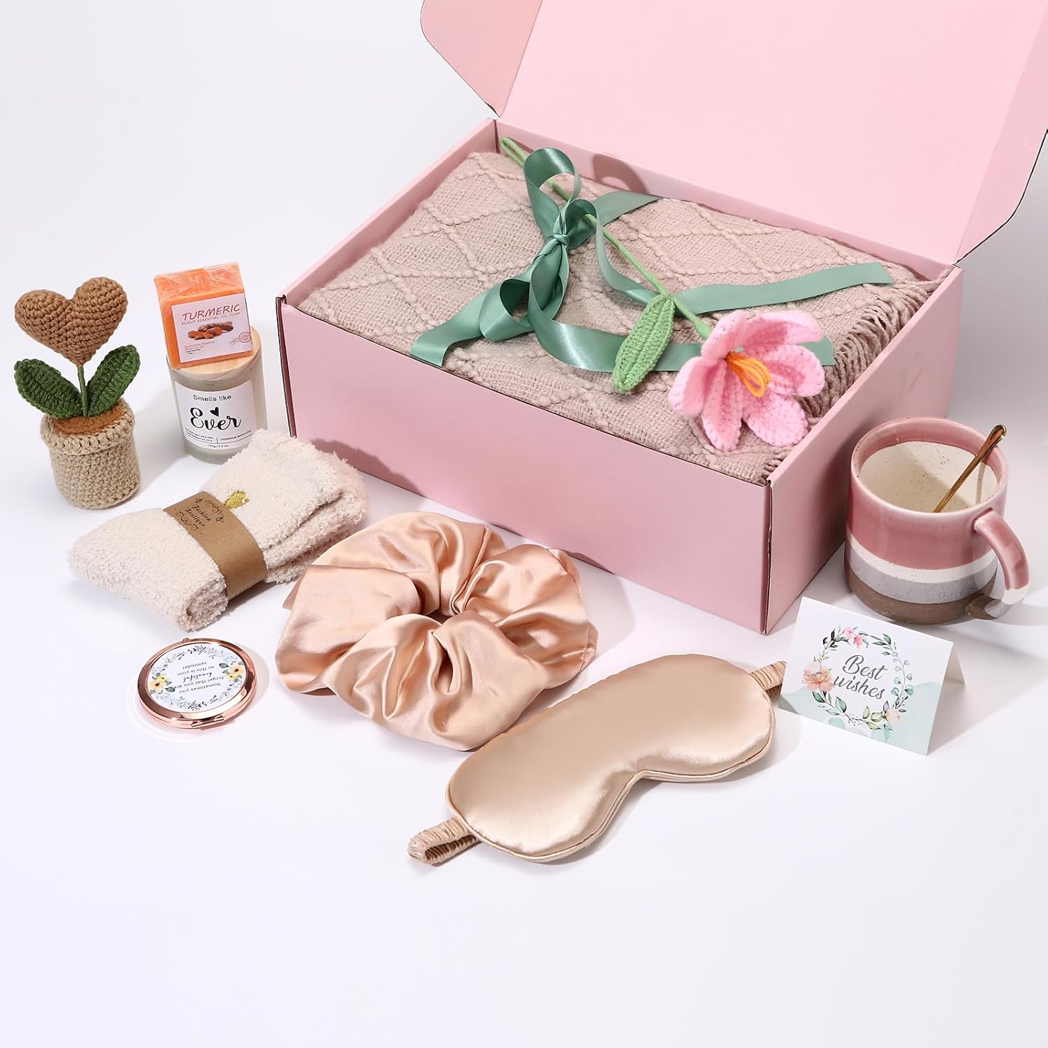 Christmas & Birthday Gifts for Women, Self Care Gift Basket Get Well Soon Care Package - Luxury Spa Set with Knitted Blanket, Fuzzy Socks, Mug, Candle, Scrunchie for Her, Mom, Best Friend - Image 6
