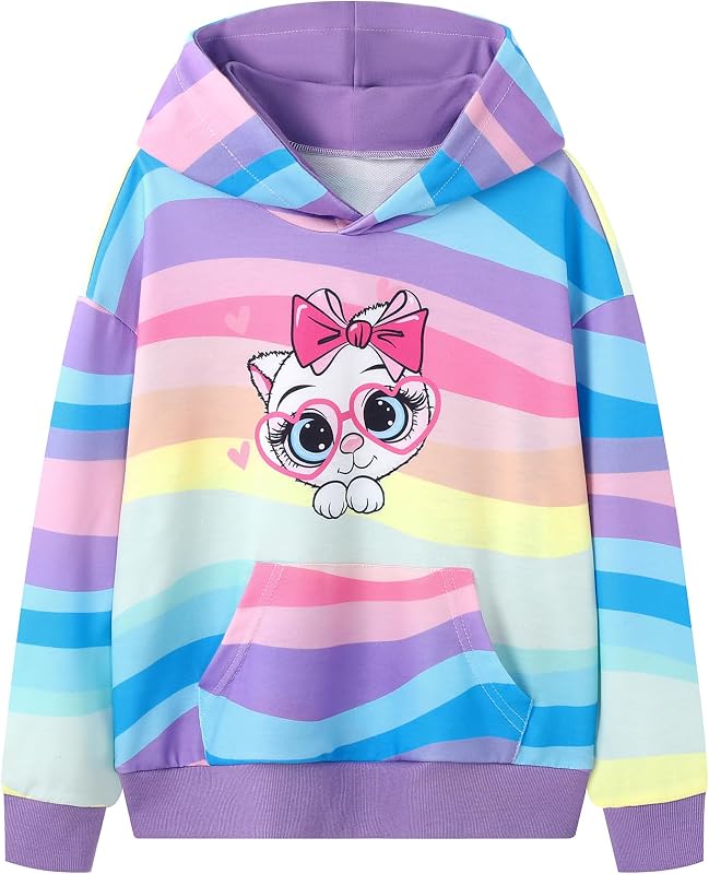 Girls Hoodies, Graphic Long Sleeve Sweatshirt Pullover, Ages 4-12 | Seven playful prints with a pullover hood, kangaroo pocket and ribbed cuffs for school, playdates, travel, and gifting.