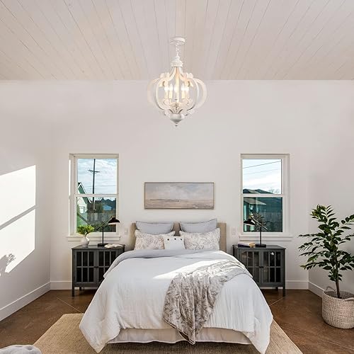 Miniatura 9 de Lámpara de araña blanca antigua de madera, rústica de 5 luces, lámpara de casa de campo industrial francés, lámpara colgante para comedor, cocina,