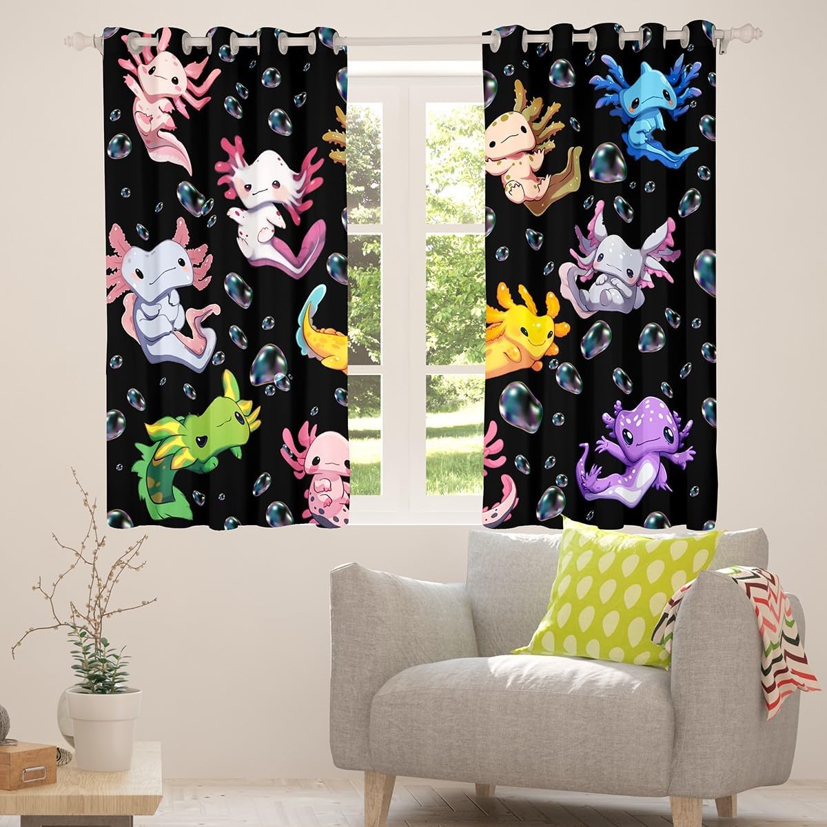 Kawaii Axolotl Curtains Kids Colorful Salamander Bubbles Curtain,Window Treatment Curtain for Boys Girls Room Decor,Girls Kids Child Romantic Window Drapes,Top 2 Panel,38Wx45L