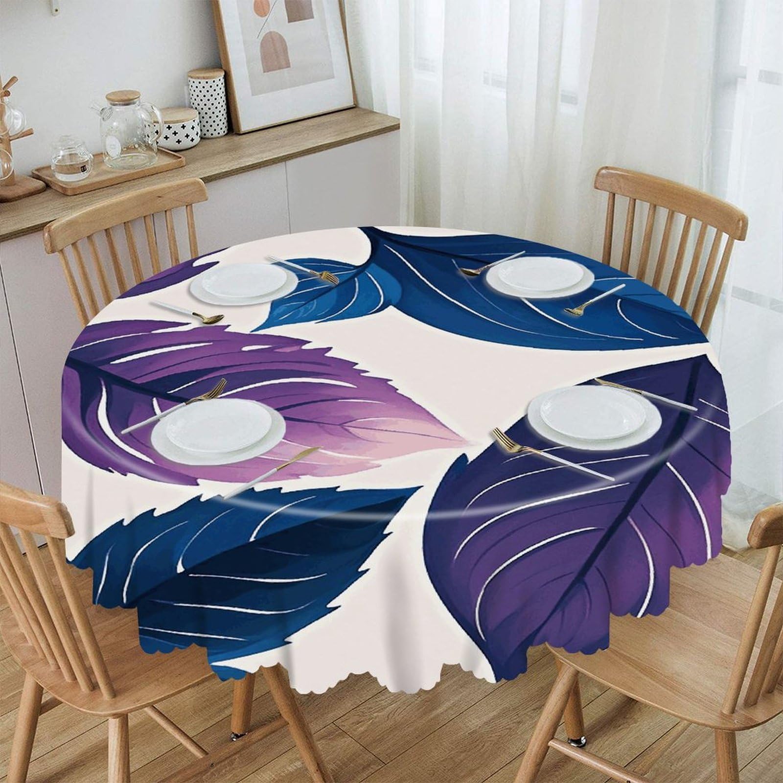 LZQPOEAS Purple and Blue Leaves Round Tablecloth Rustic Circle Table Cloth Wrinkle Resistant Decor Tablecloth Waterproof Washable Table Cover for Kitchen Party Dining Table 60 Inch