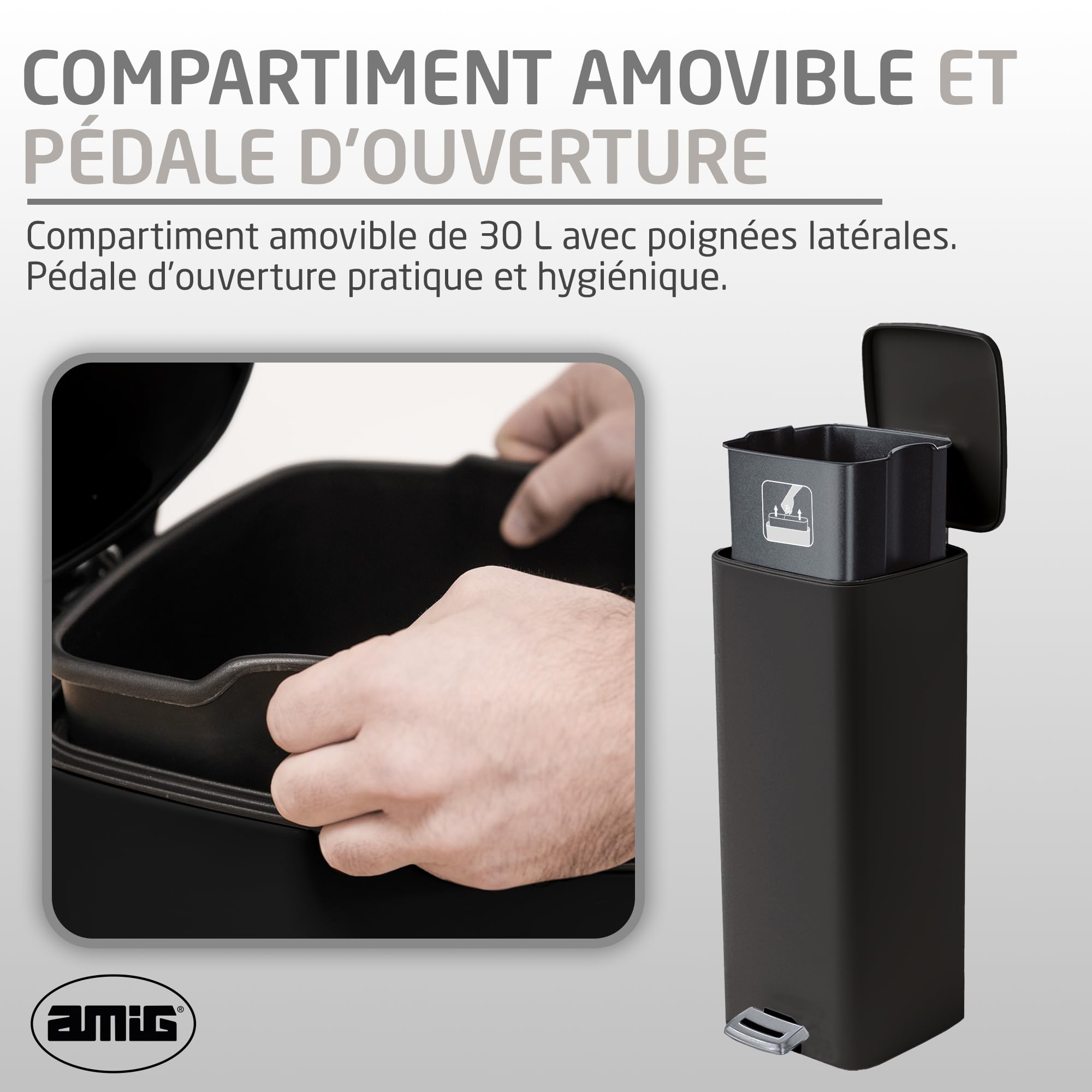 Amig - Poubelle à pédale 30 litres Mod. Artvin - Couleur noire - Ouverture hygiénique sans contact - 27 x 36 x 65 cm - Acier inoxydable laqué - Poubelle de cuisine avec couvercle hermétique