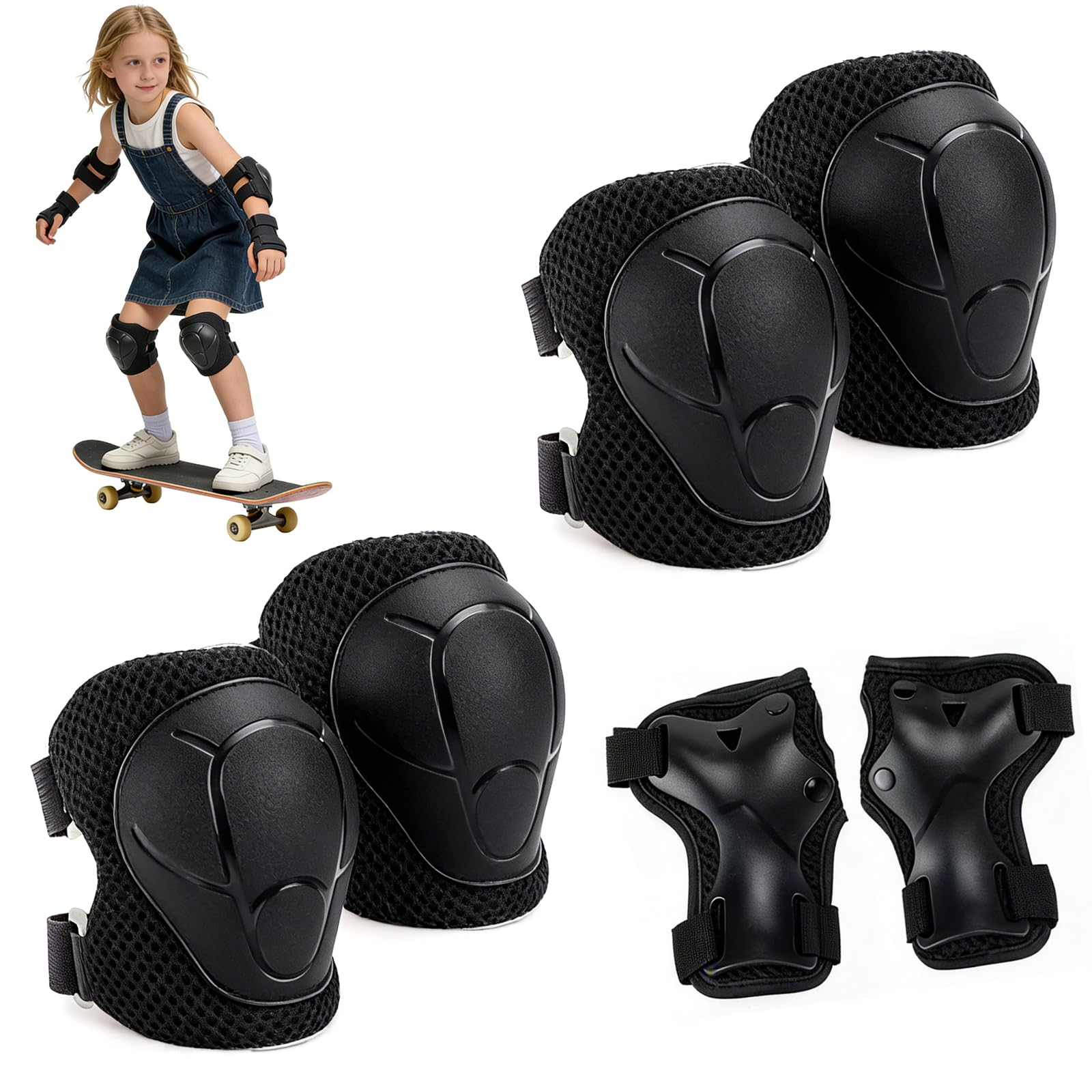 HXSYKJDM Knee Pads For Kids, 6-in-1 Kids Knee and Elbow Pads, Skateboard Protective Gear Kids, Sports Protective Gear Set for Cycling Roller Skating (Black)