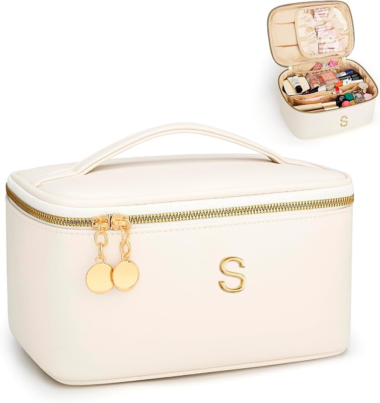 Necessaire de maquiagem CLOUDWINGS com inicial, divisórias e alça, Bege01, 1 unidade