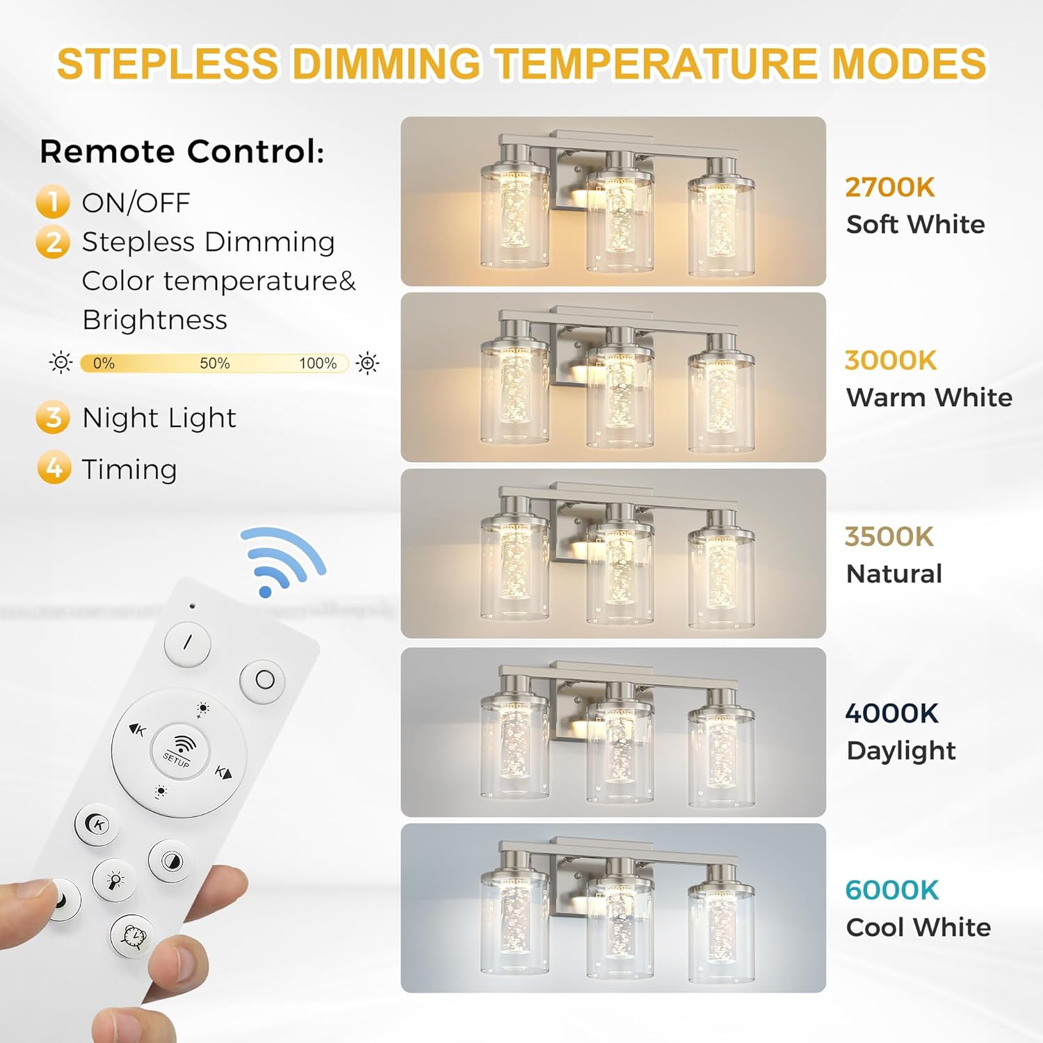 L LOHAS LED 3-Light Brushed Nickel Bathroom Light Fixtures, Crystal LED Bathroom Vanity Lights with Clear Glass Shade, 5CCT Dimmable Vanity Lights for Living Room Hallway with Remote Control