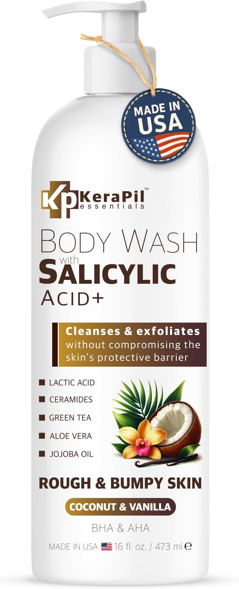 KERAPIL Exfoliating Body Wash with Salicylic Acid - No Dry Out, Gentle Exfoliates Rough and Bumpy Skin, Body Acne Wash, BHA & AHA - Coconut and Vanilla with Salicylic Acid - (16 fl oz)