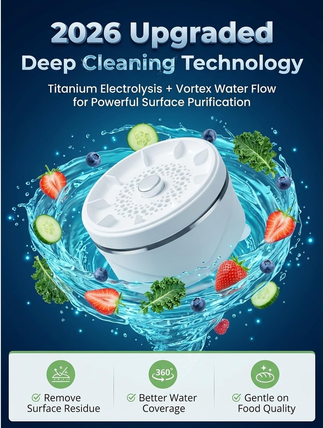 Effortless Vortex Fruit and Vegetable Washer 2026 Upgraded Waterproof Produce Purifier with Titanium Electrolysis for deep Cleaning Fruits Veggies Rice and Meat in Home Kitchen(2pcs)