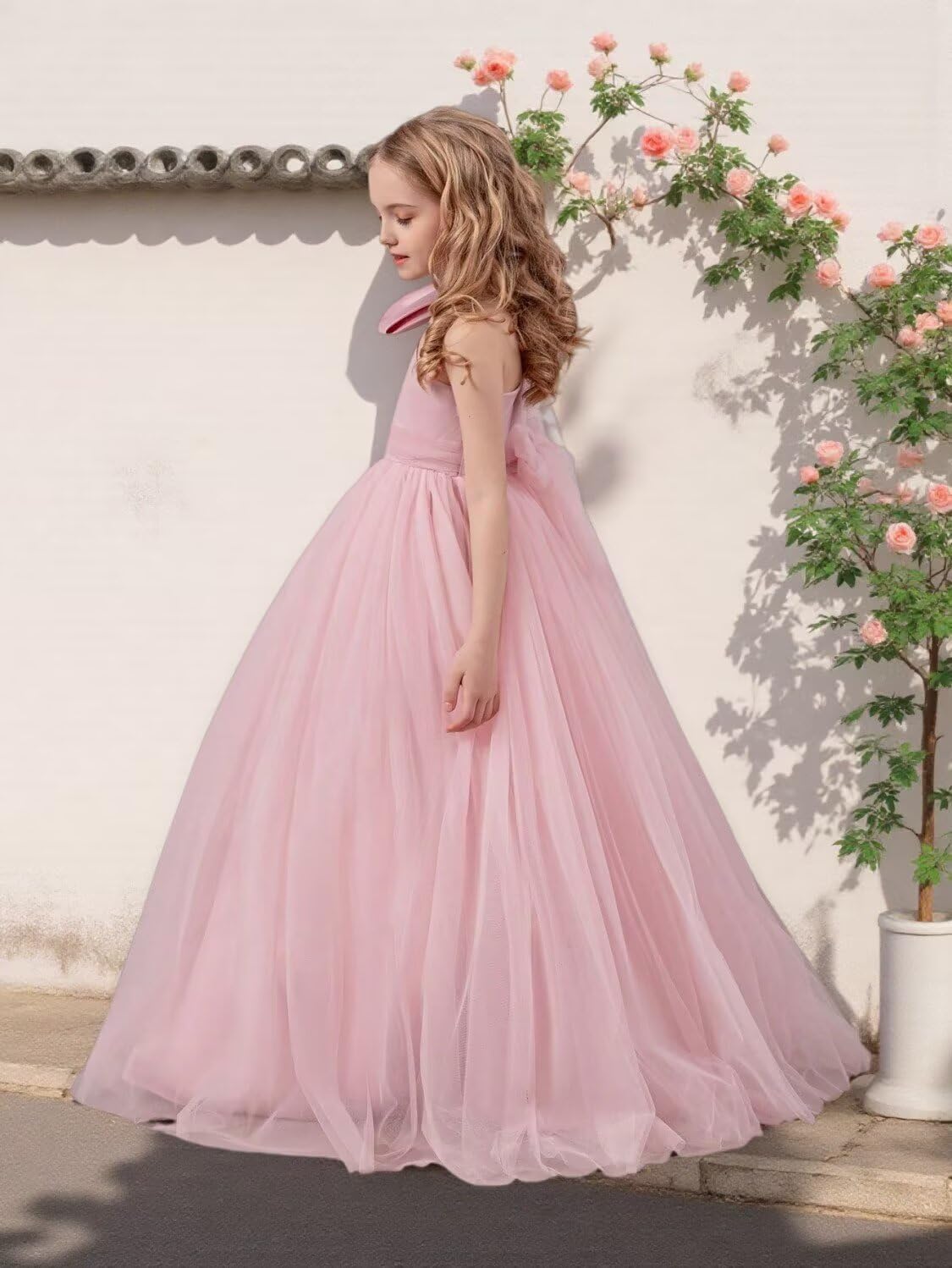 One Shoulder Tulle Flower Girls Dress with Big Bow Satin Princess Pageant Ball Gown First Communion Dress JQ301 - Image 4