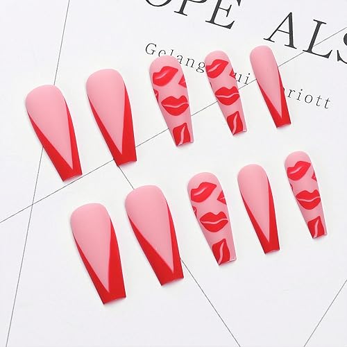 Miniatura 9 de Uñas postizas a presión para el día de San Valentín, uñas postizas medianas con corazones franceses rojos, líneas doradas, uñas acrílicas, kit de