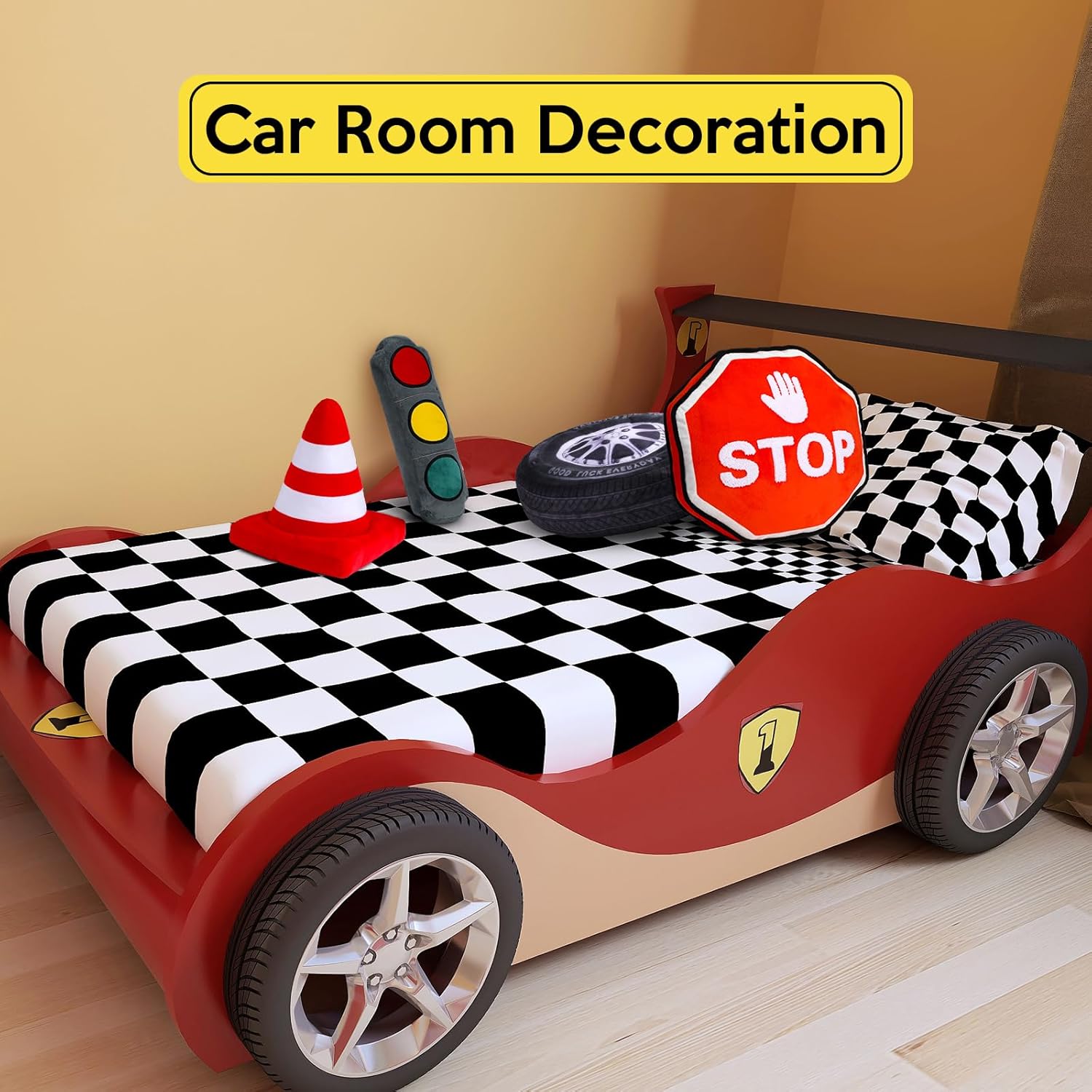 Sintuff 4 Pcs Racing Room Pillow Decorations Set 3D Simulation Wheel Tire Pillow Stop Sign Shaped Throw Pillow Traffic Safety Cone Decorative Plush Toy Kids Bedroom Car Theme Decor