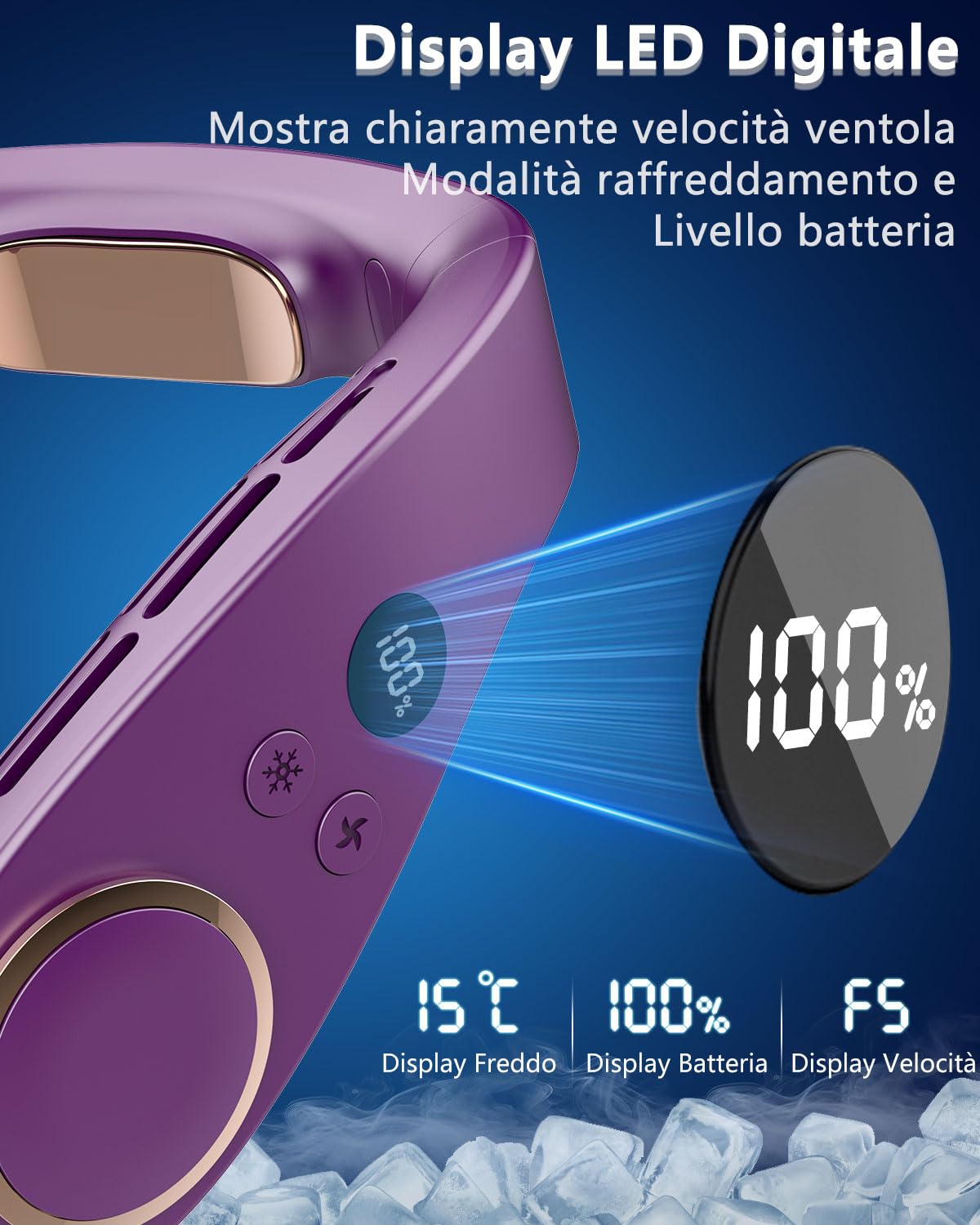 Ventilatore da Collo con Raffreddamento a 15°C, Ventilatore Collo Silenzioso con 5 Velocità e Batteria 5500mAh, Display LED, Autonomia 24 Ore Ricarica Rapida, per Outdoor, Sport, Ufficio e Viaggi